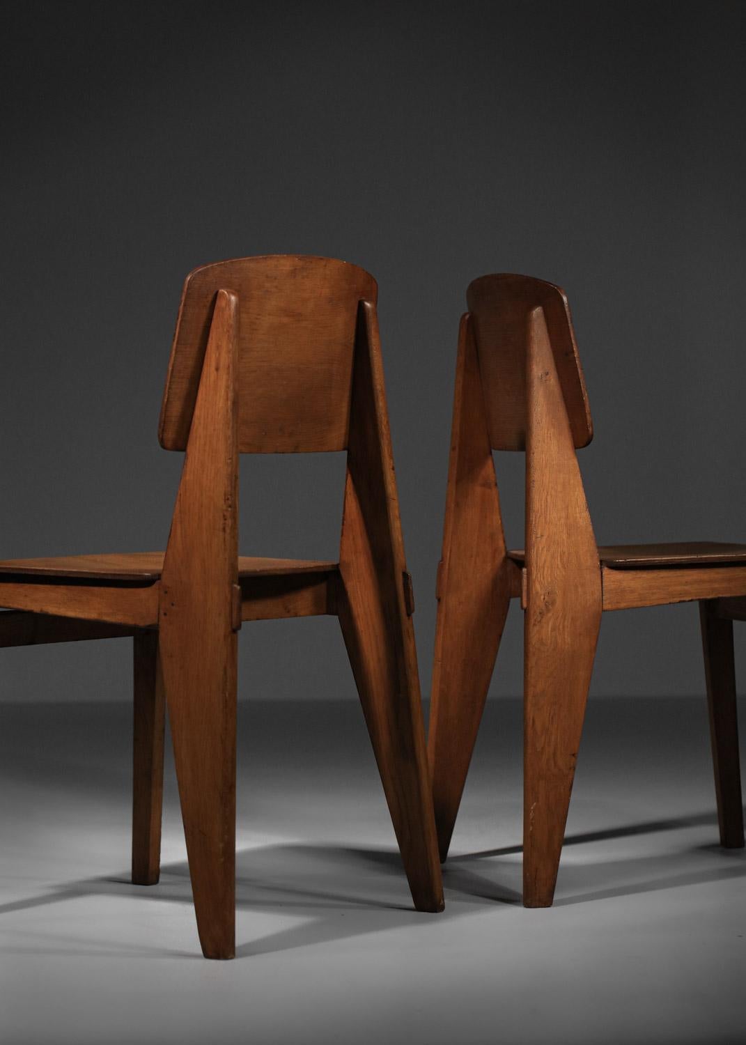 rare Pair of Jean Prouvé all-wood chairs 1950's French design  For Sale 5