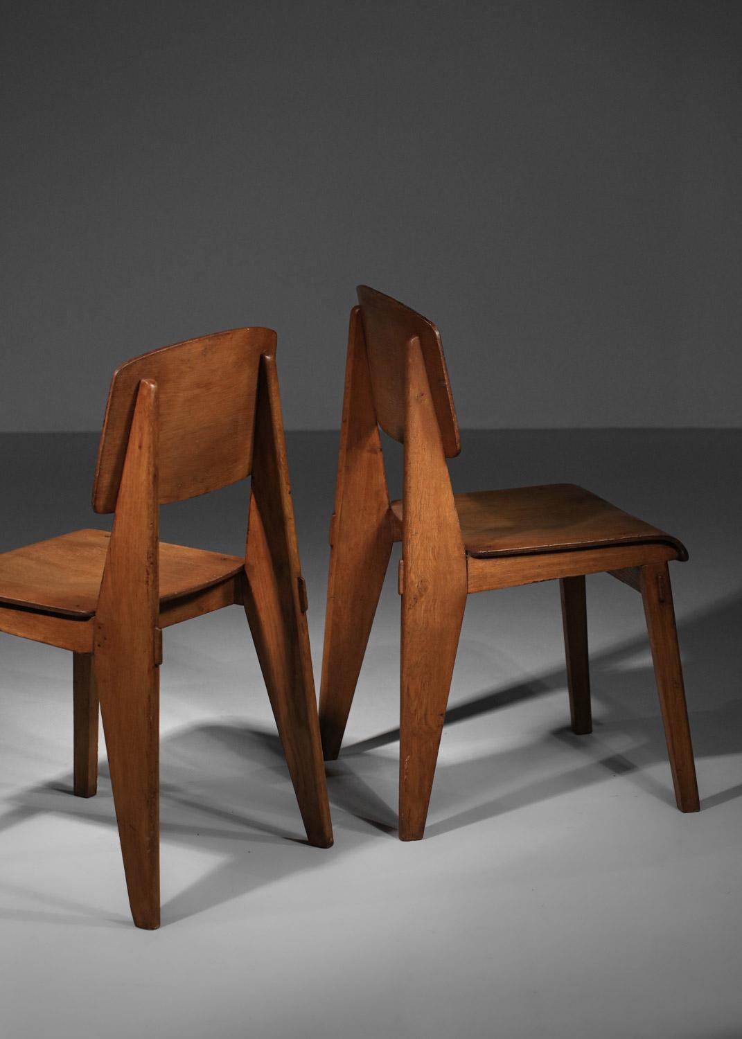 rare Pair of Jean Prouvé all-wood chairs 1950's French design  For Sale 6