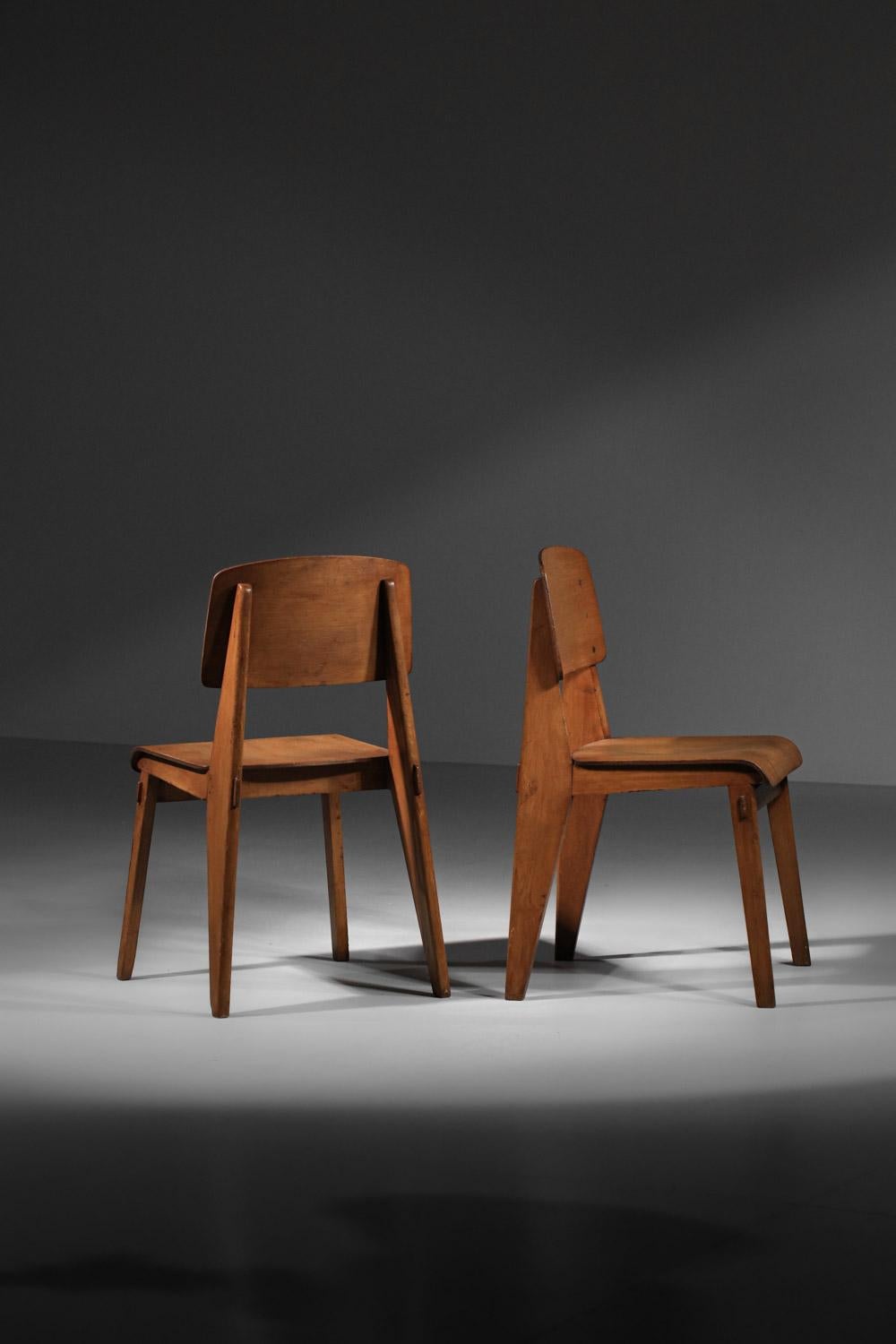 rare Paire de chaises Jean Prouvé tout en Wood 1950 Design français  en vente 6