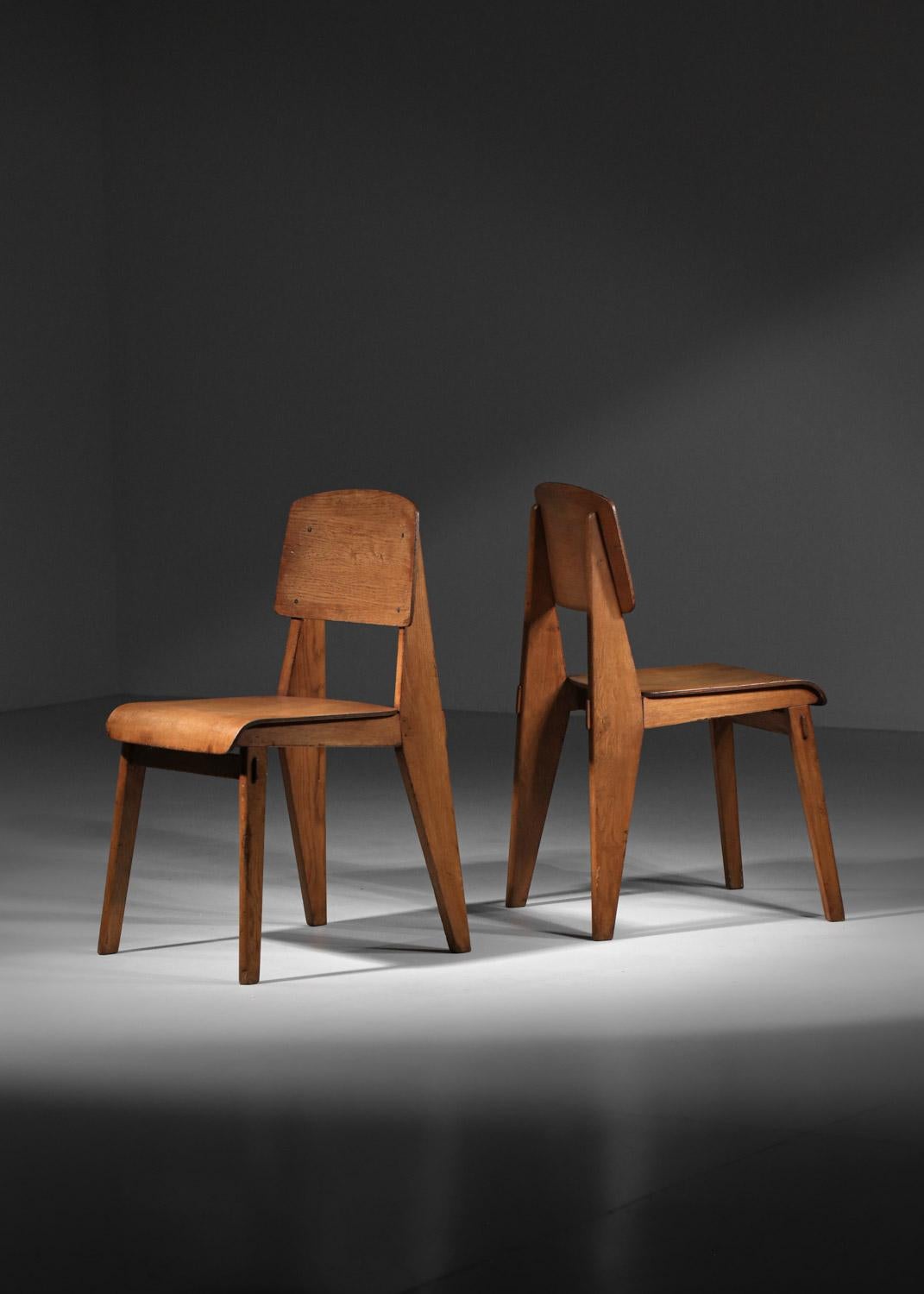 rare Paire de chaises Jean Prouvé tout en Wood 1950 Design français  en vente 7