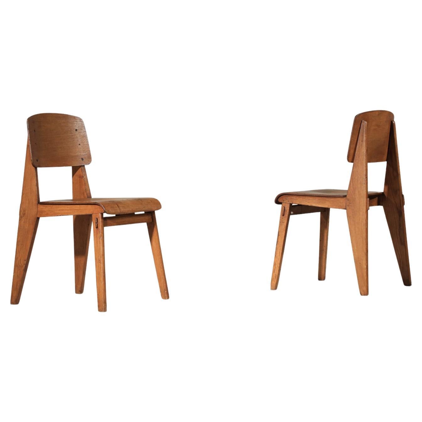 rare Pair of Jean Prouvé all-wood chairs 1950's French design 