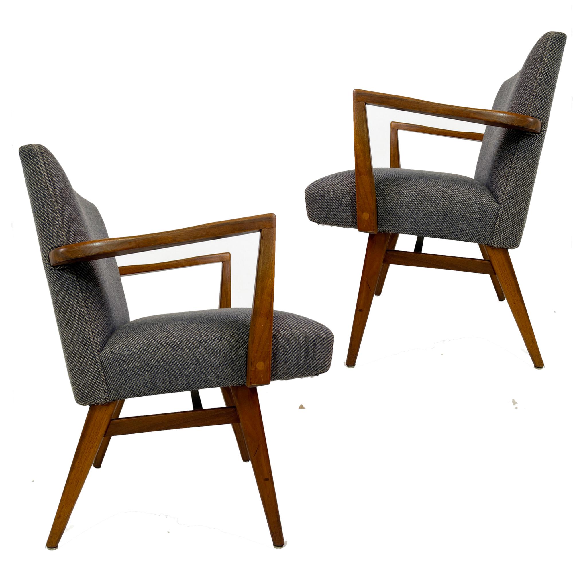 Pair of Jens Risom armchairs. model #205
This is a really great unique style in that the height and construction is styled to be either a dining chair, a desk chair, or can be used as occasional, or lounge chair. They are quite comfortable. These