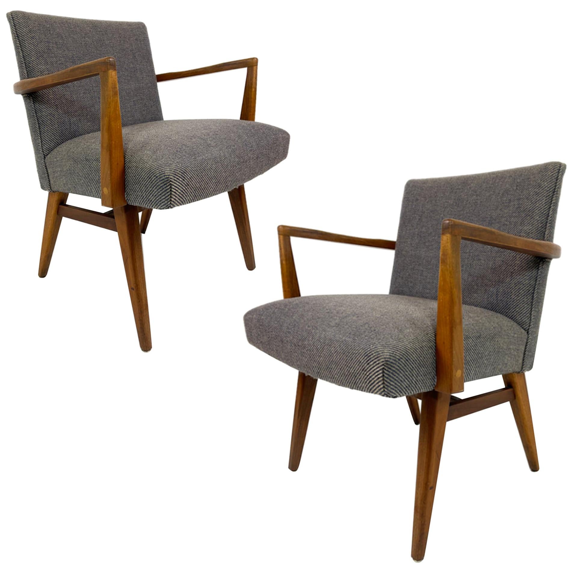 Rare Pair of Jens Risom Upholstered and Walnut Armchairs Model #205
