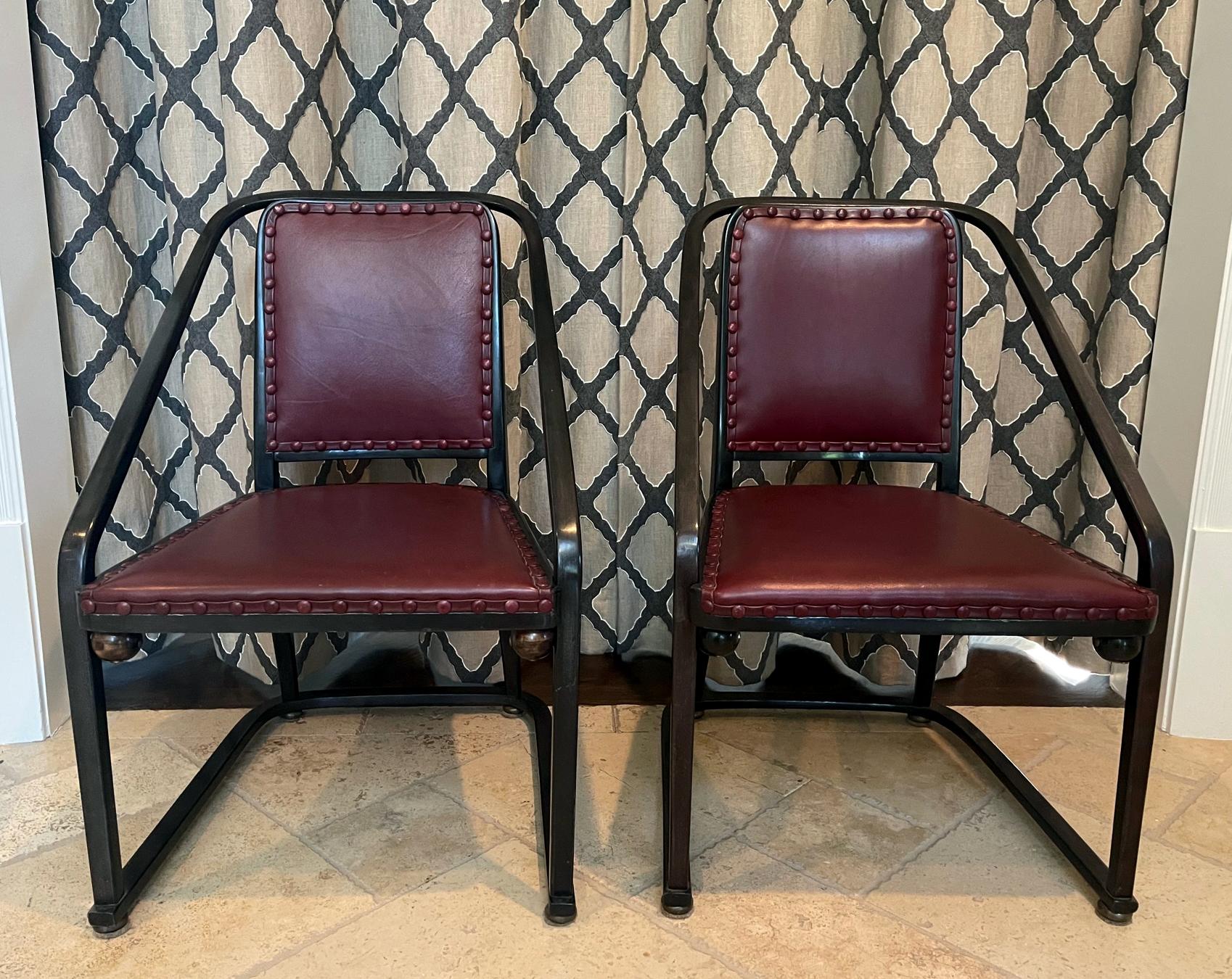 Pair of fantastic Vienna Secession bentwood chairs with upholstery designed by Josef Hoffman (1870-1956) and manufactured by J. & J. Kohn circa early 20th century. These armchairs are model 725 B/F designed in 1905 and are dated from the original