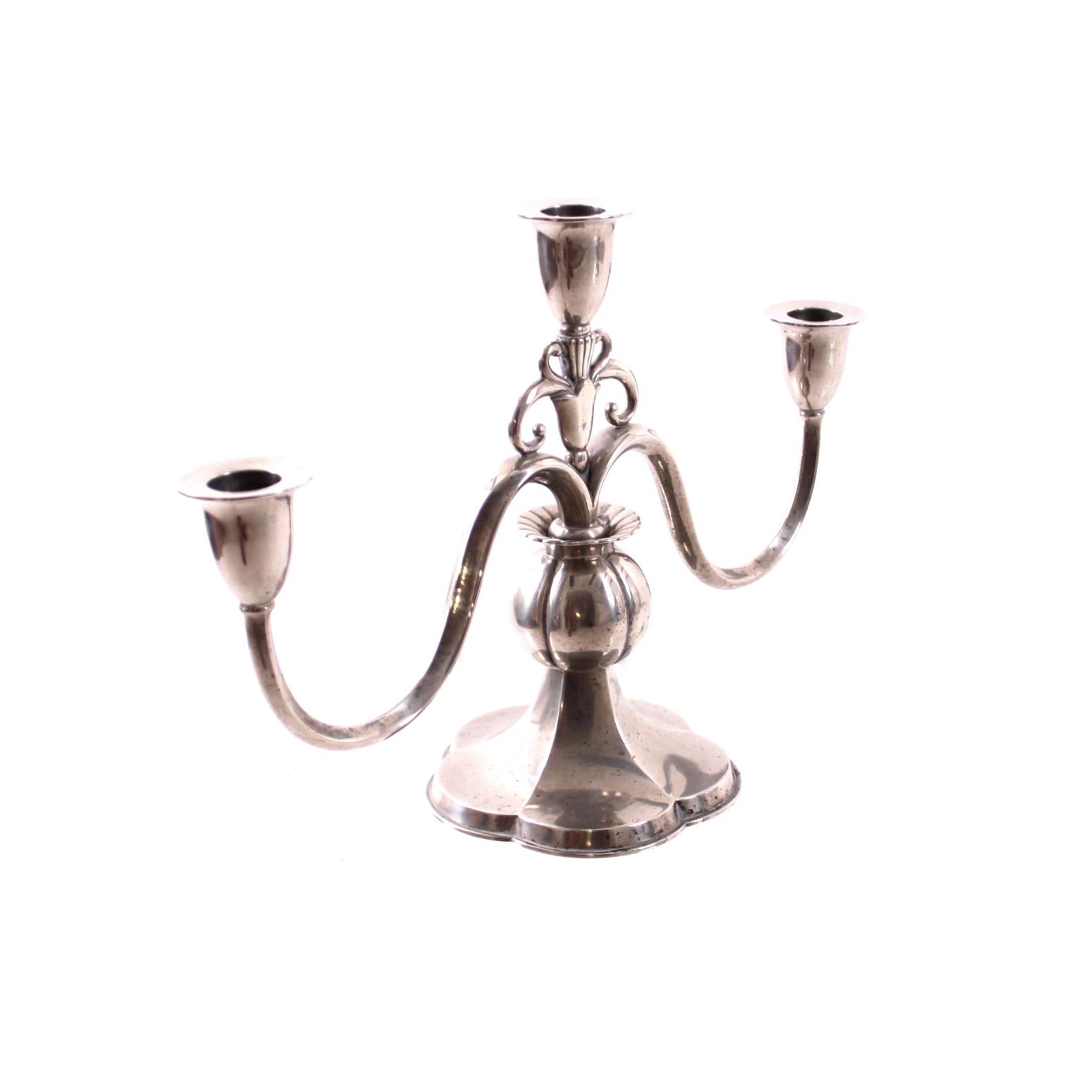European Rare Pair of Just Andersen Three Armed Candelabras, Pewter, Denmark 1930s For Sale