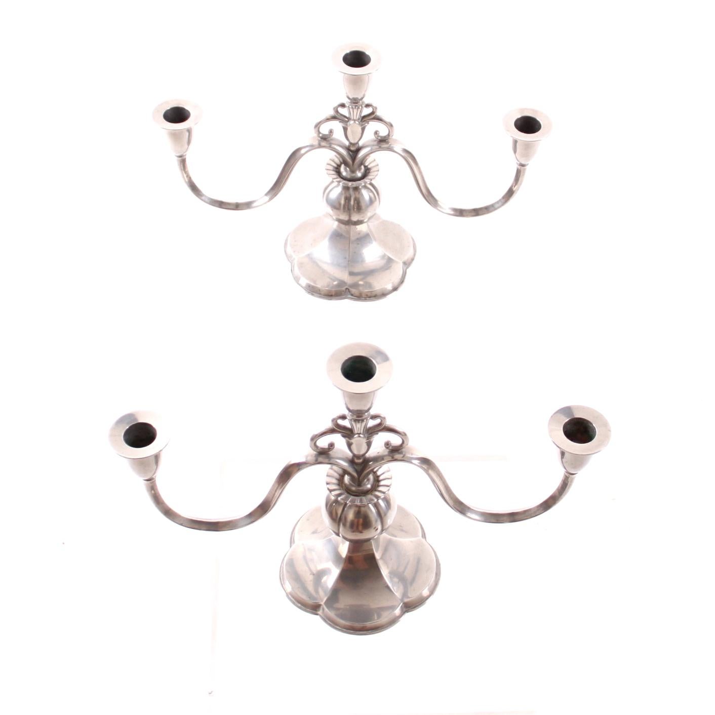 20th Century Rare Pair of Just Andersen Three Armed Candelabras, Pewter, Denmark 1930s For Sale