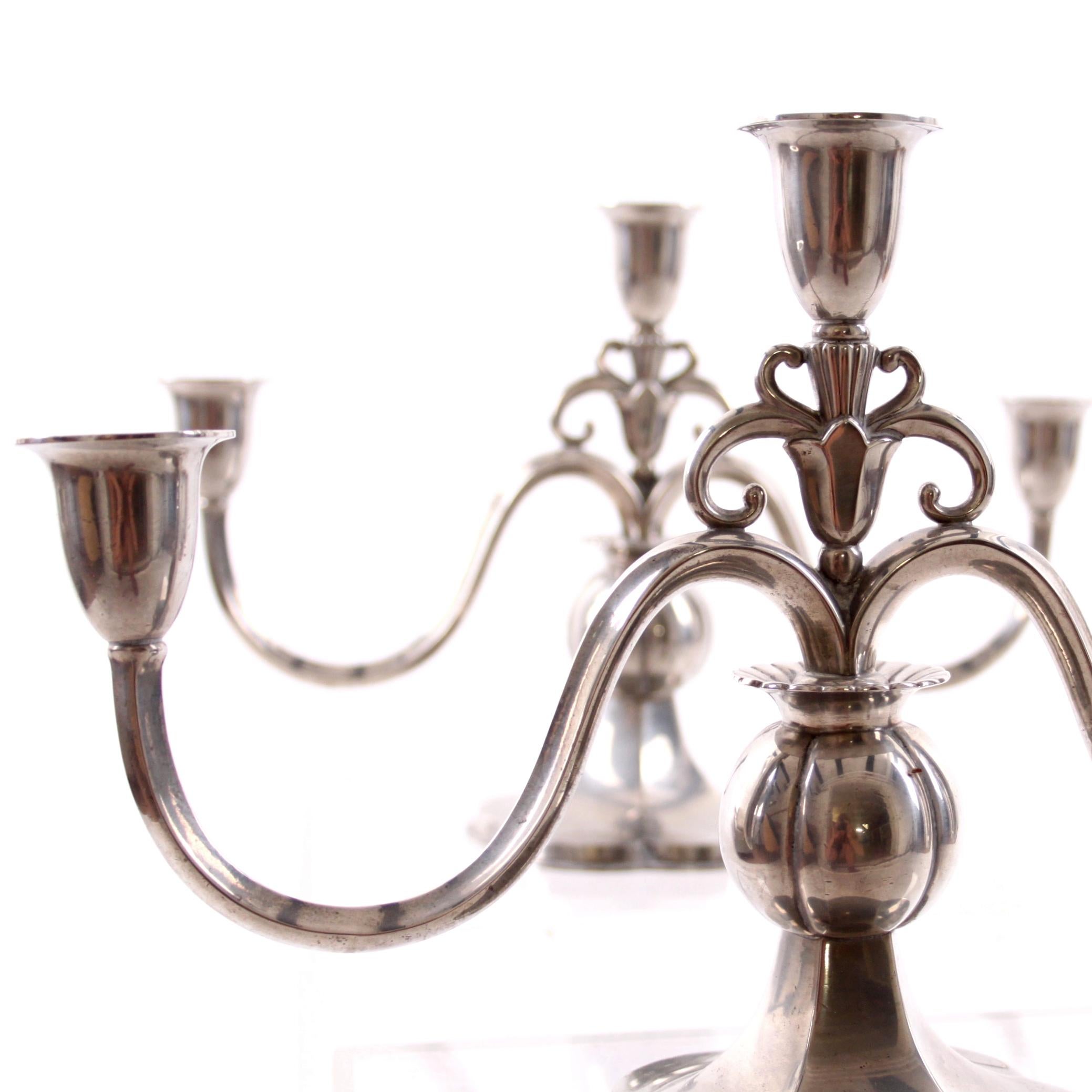 Rare Pair of Just Andersen Three Armed Candelabras, Pewter, Denmark 1930s For Sale 1