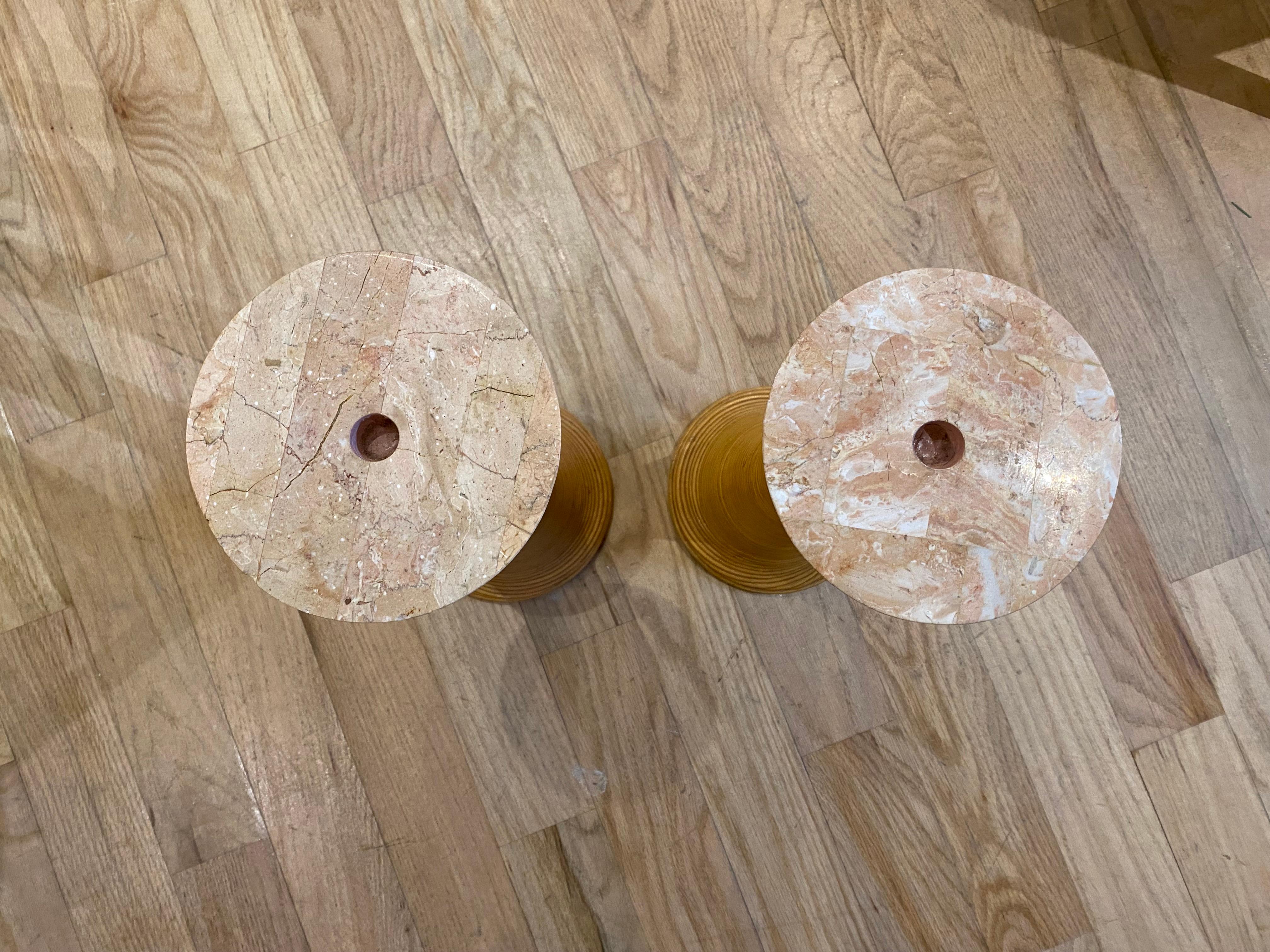 Late 20th Century Rare Pair of Karl Springer Vintage Travertine & Rattan Candle Holder's For Sale