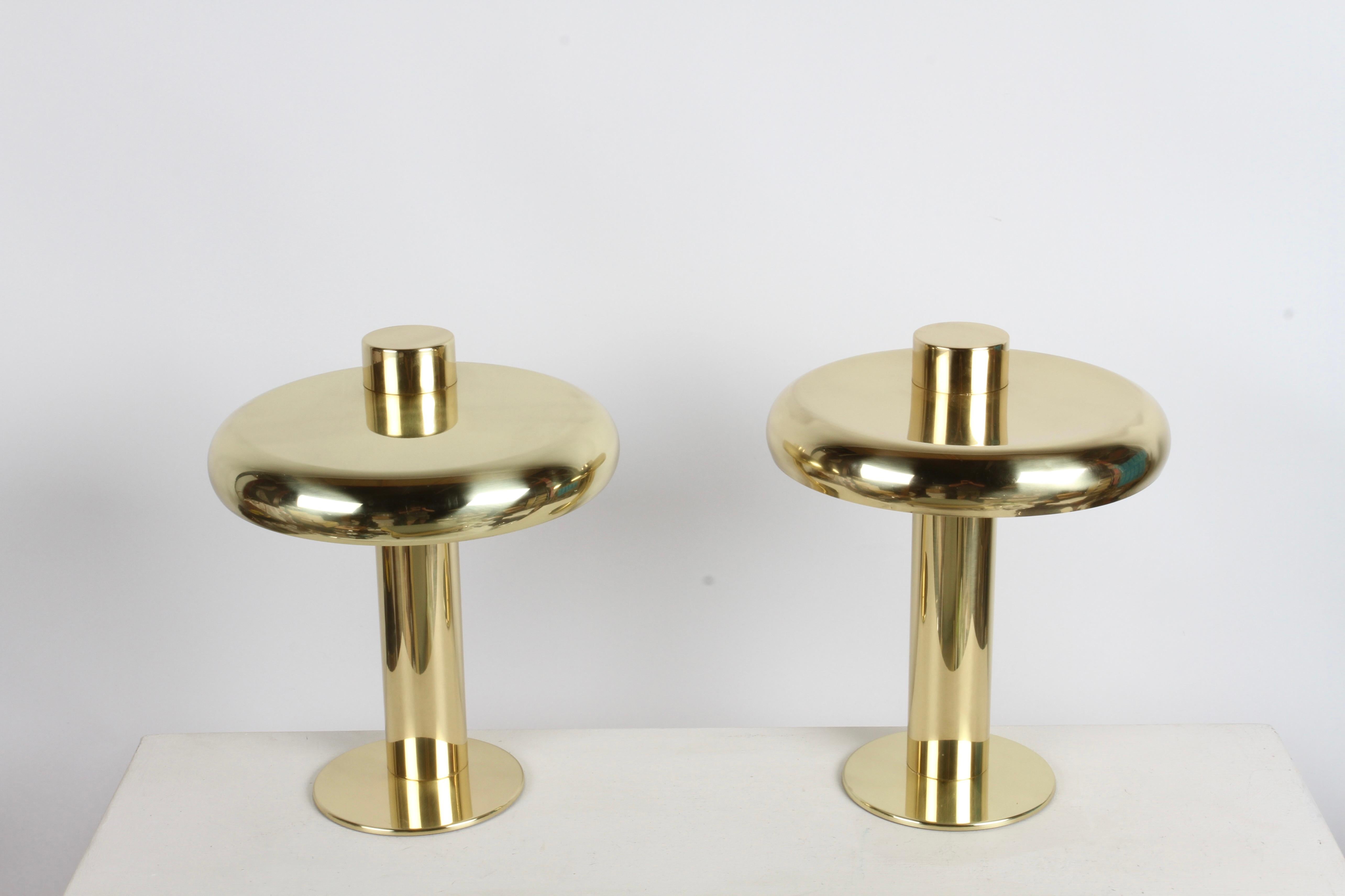 RARE Pair of Koch & Lowy, brass saucer form table lamps with great 1970s vibe, recently professionally restored. The brass has been polished to a softer tone, then clear lacquered, The sockets have been updated, new wire, plug and on/off inline