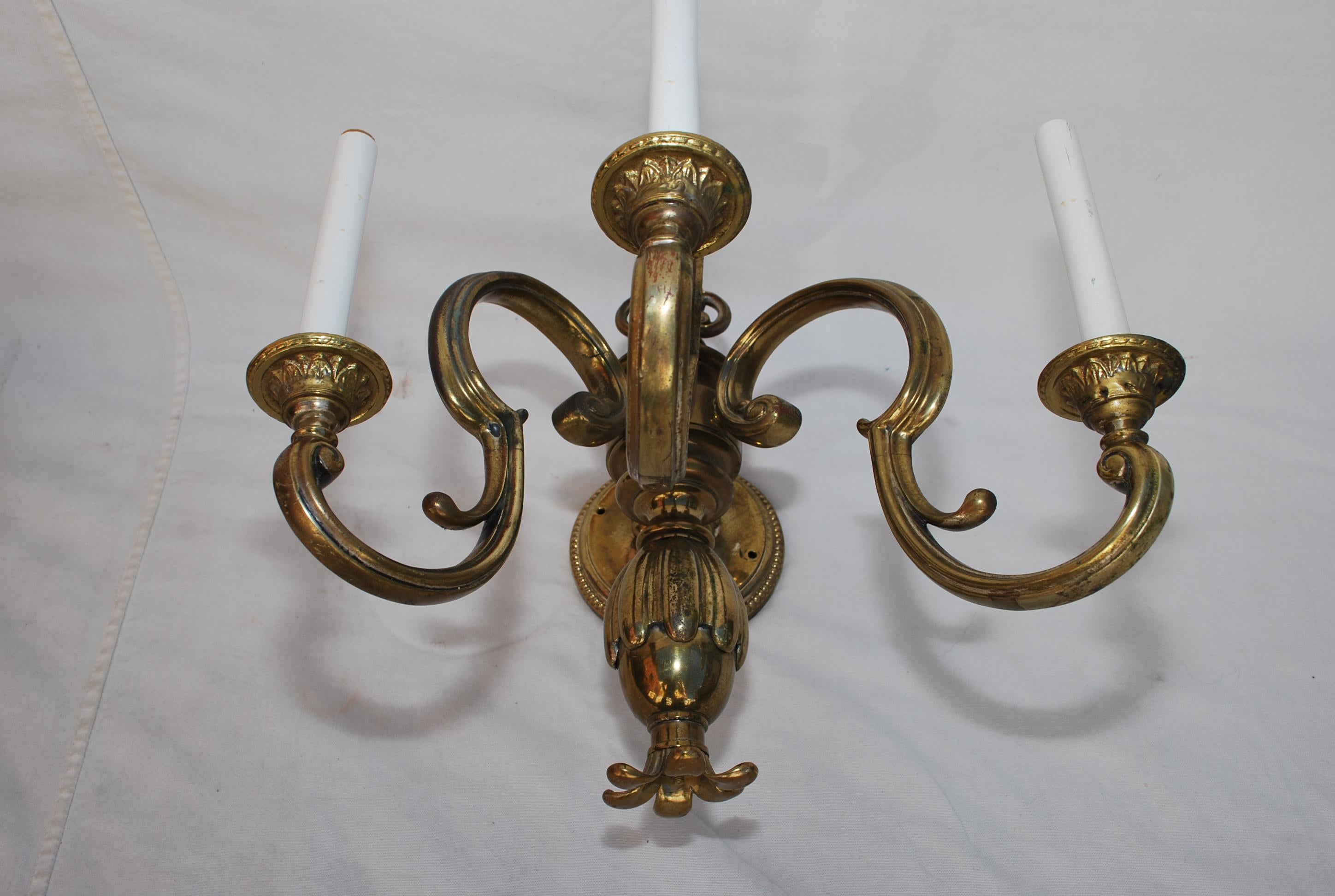 A rare set of three large 1920's brass sconces, THE PRICE IS FOR THE PAIR,, the patina is so much nicer in person, those sconces came from a 10 000 square feet mansions in Los Angeles
