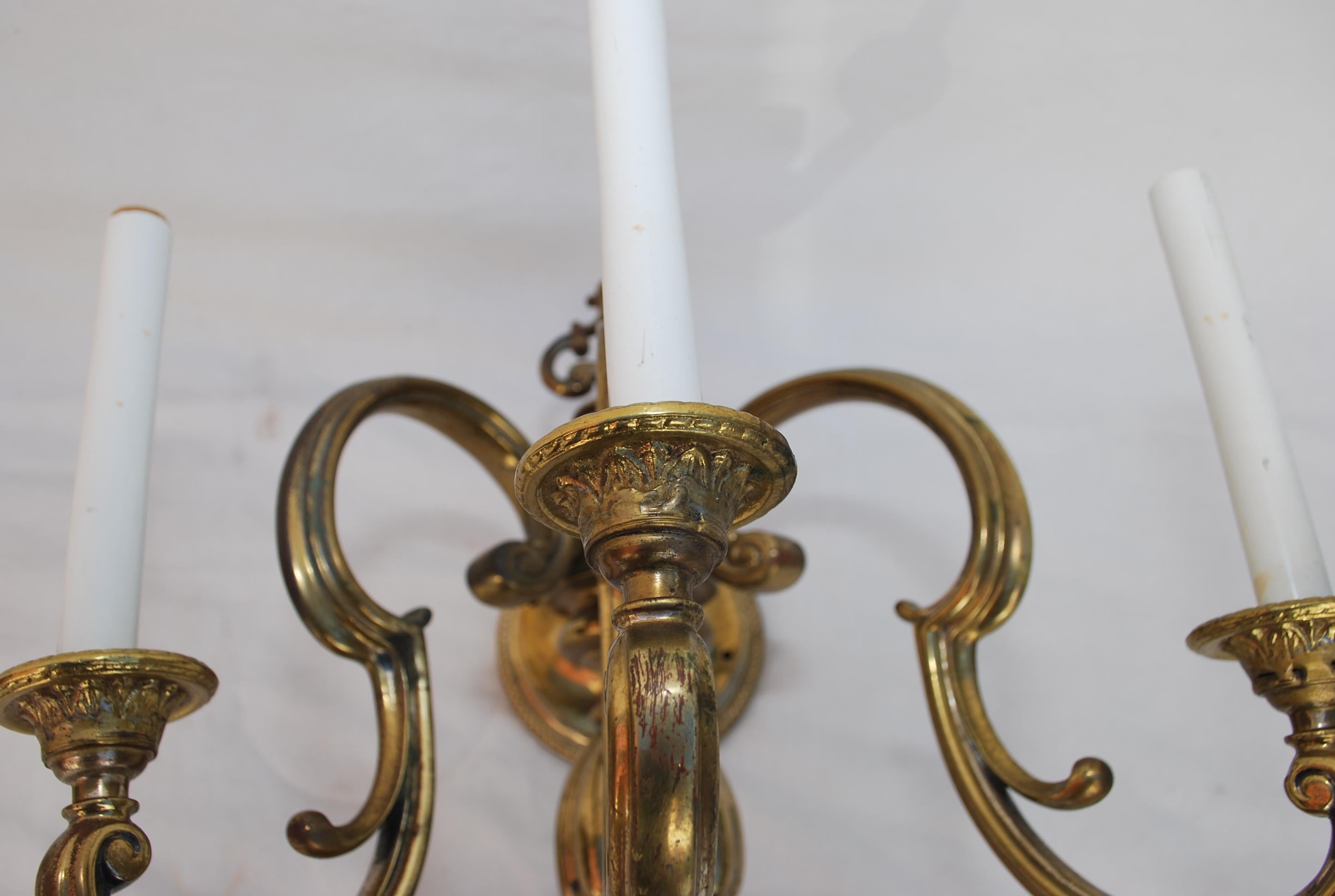 North American Rare Pair of Large 1920's brass sconces ( it is a set of three ) For Sale