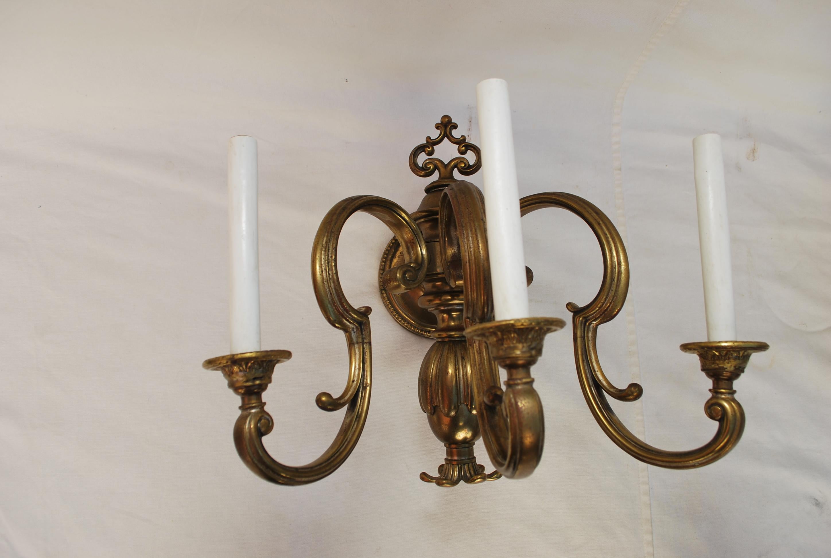 Brass Rare Pair of Large 1920's brass sconces ( it is a set of three ) For Sale