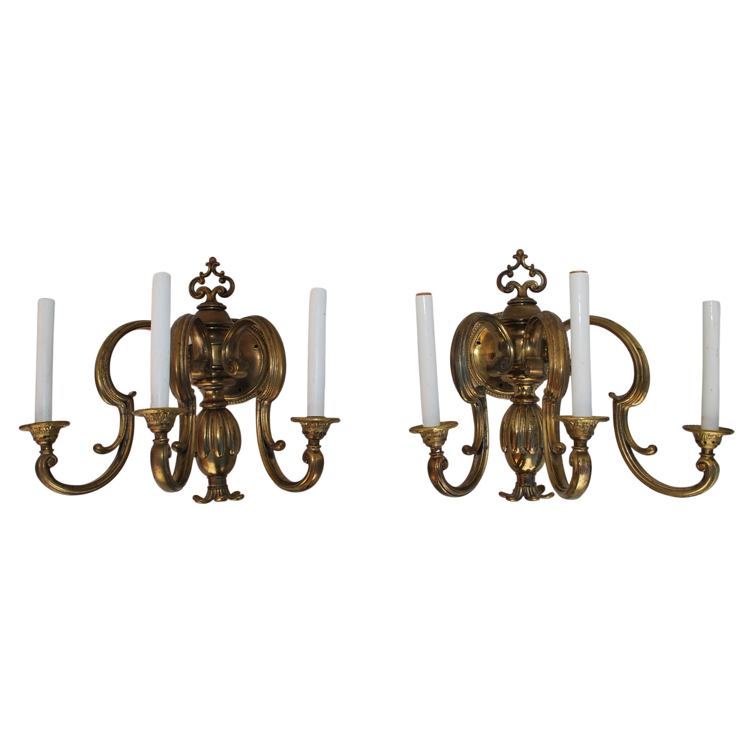 Rare Pair of Large 1920's brass sconces ( it is a set of three ) For Sale