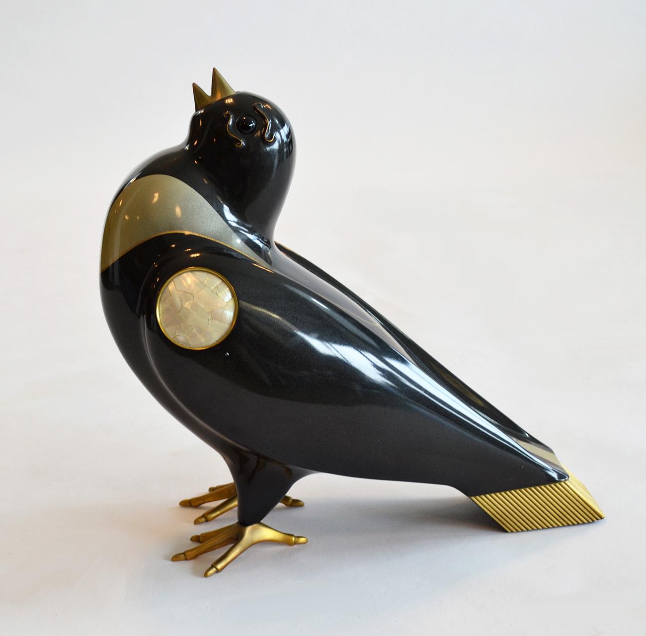 Rare Pair of large Birds or Chickadee sculptures / figures by Jonson & Marcius in black lacquered cast resin with mother of pearl cabochons and brass insets, feet and beaks purchased from Lorin Marsh, Miami, FL 1977. This rare set is one of only