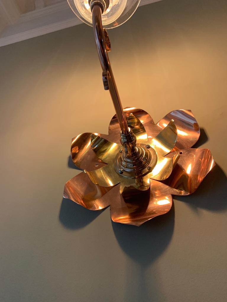 20th Century W A S Benson. Rare Pair of Large Brass and Copper Lily-Pad Reflector Wall Lights