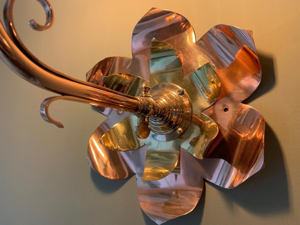 W A S Benson. Rare Pair of Large Brass and Copper Lily-Pad Reflector Wall Lights 1