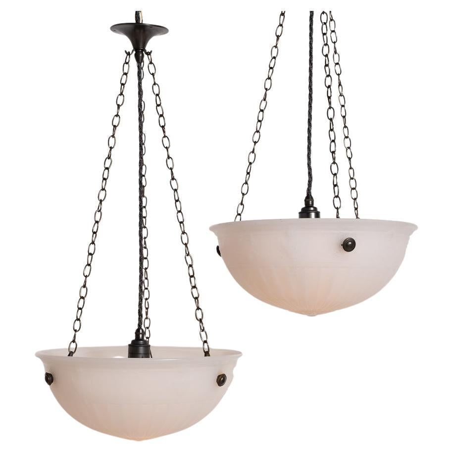 Rare Pair of Large Decorative Moonstone Glass Plafonneir Ceiling Lights