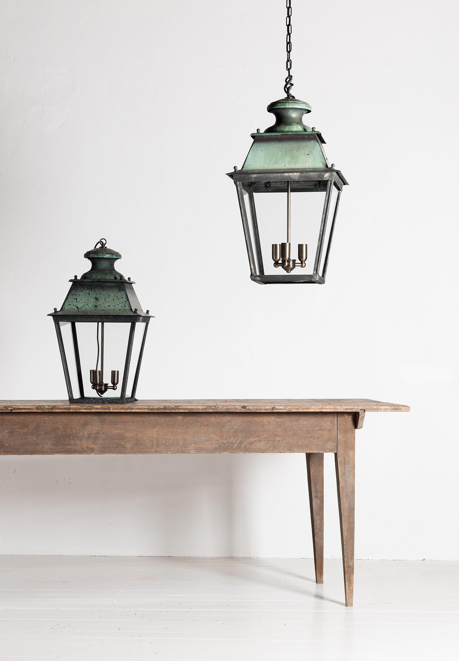 Beautiful pair of large French 19th century Verdigris copper lanterns, restored and rewired.