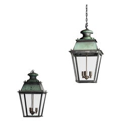 Rare Pair of Large French 19th Century Verdigris Copper Lanterns