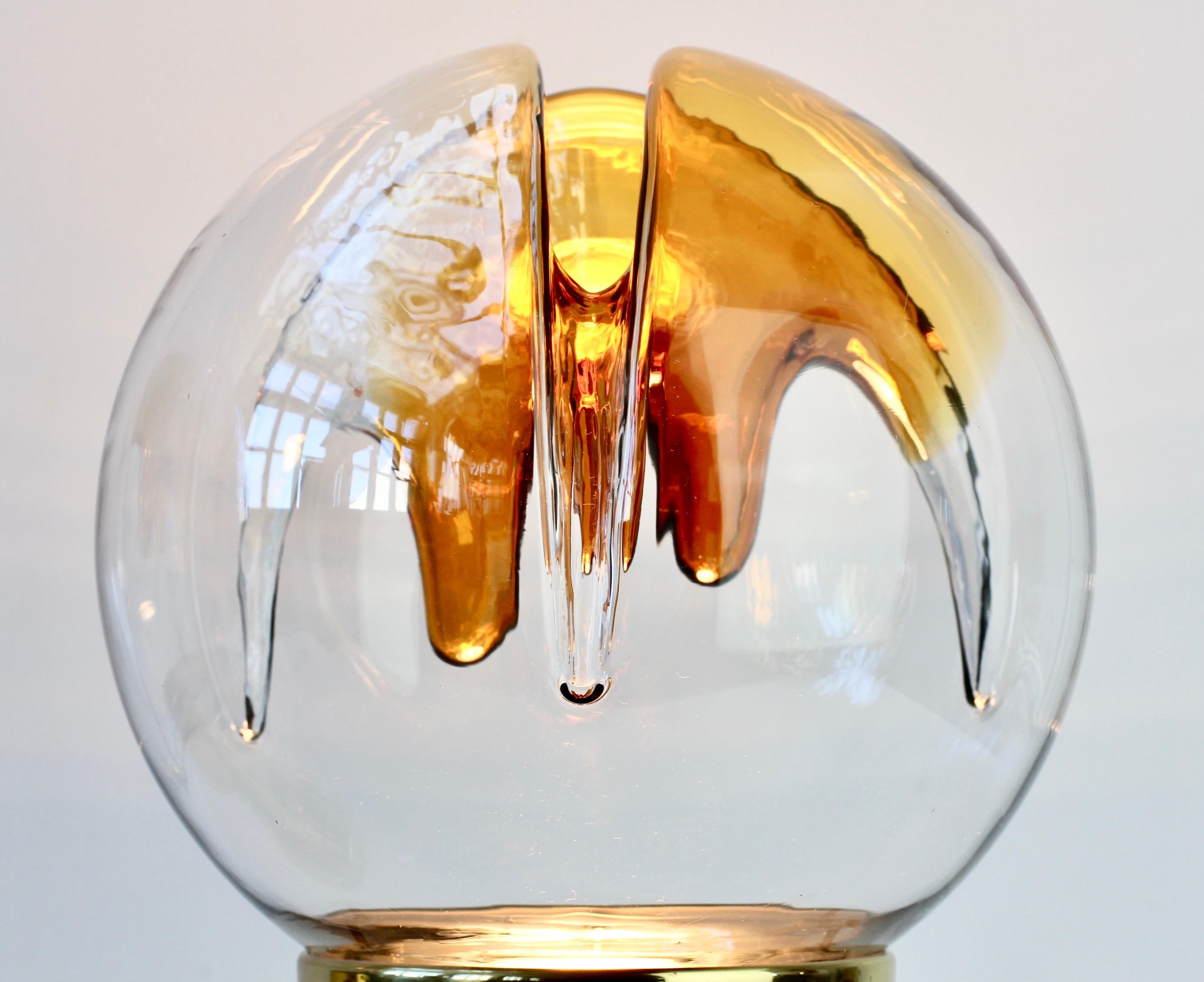 Mid-Century Modern pair of vintage textured glass and polished brass table lamps by Kaiser Leuchten with textured coloured Murano glass shades attributed to Carlo Nason for Mazzega, circa 1970s. A fantastic design featuring wonderfully textured