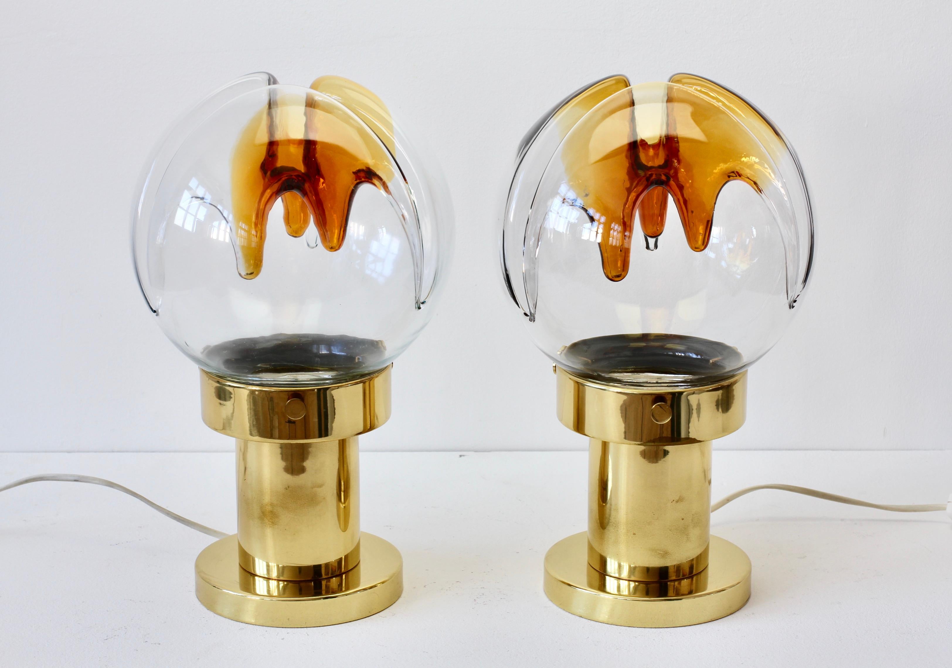 Brass Rare Pair of Large Italian Textured Murano Glass Table Lamps by Kaiser Leuchten For Sale