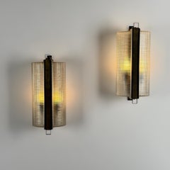 Rare Pair of Large Jacques Adnet Brass & Pressed Glass Sconces, France, 1960s