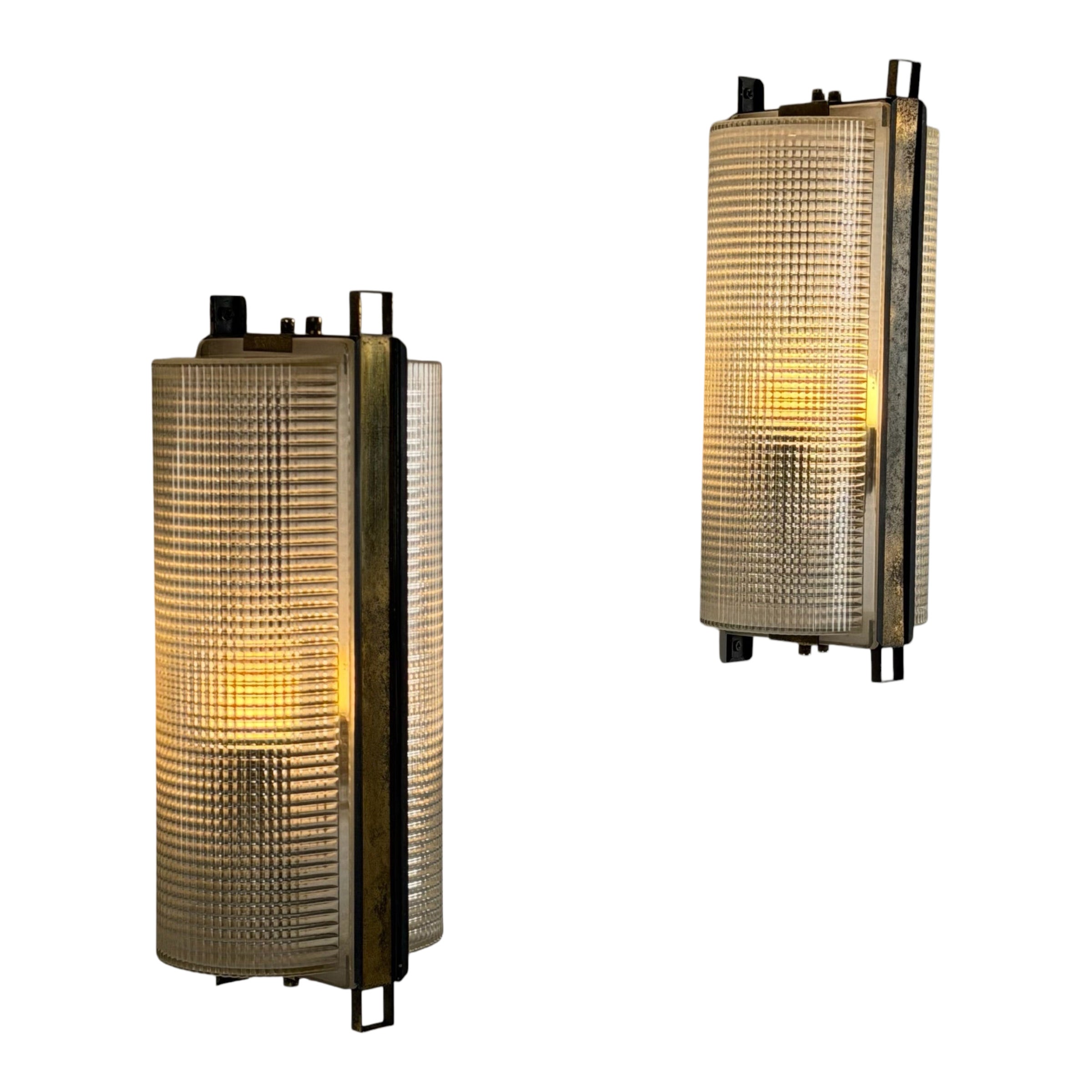Rare Pair of Large Jacques Adnet Brass & Pressed Glass Sconces, France, 1960s For Sale