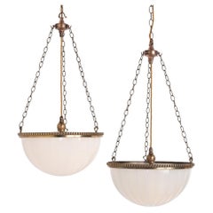 Antique Rare Pair of Large Jefferson Moonstone Plafonnier Lights with Cast Brass Fitting