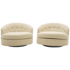 Rare Pair of Large Round Milo Baughman Swivel Club Chairs, Original, Signed