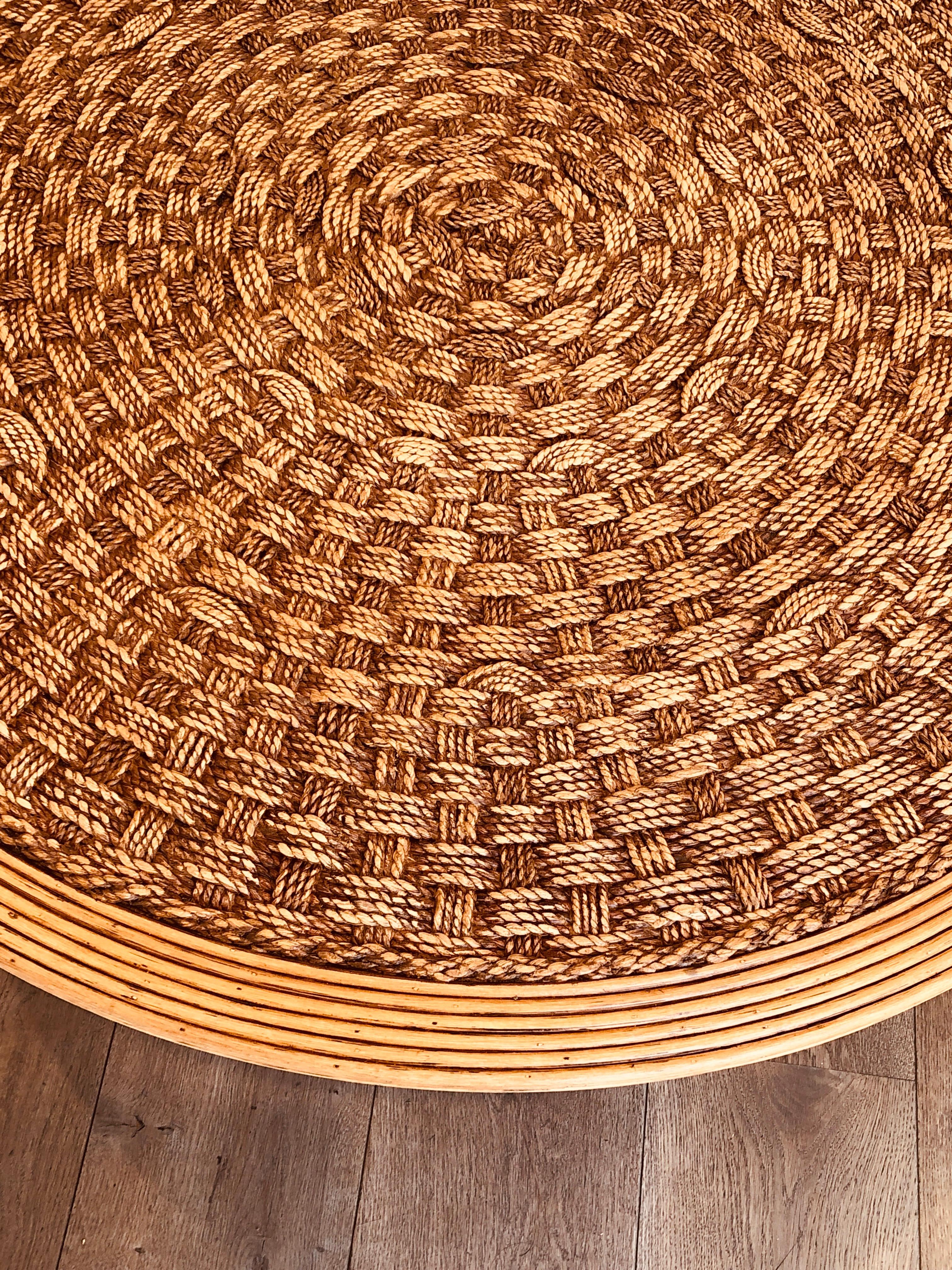 Rare Pair of Large Round Rope and Wood Coffee Table in the style of Audoux Minet For Sale 4