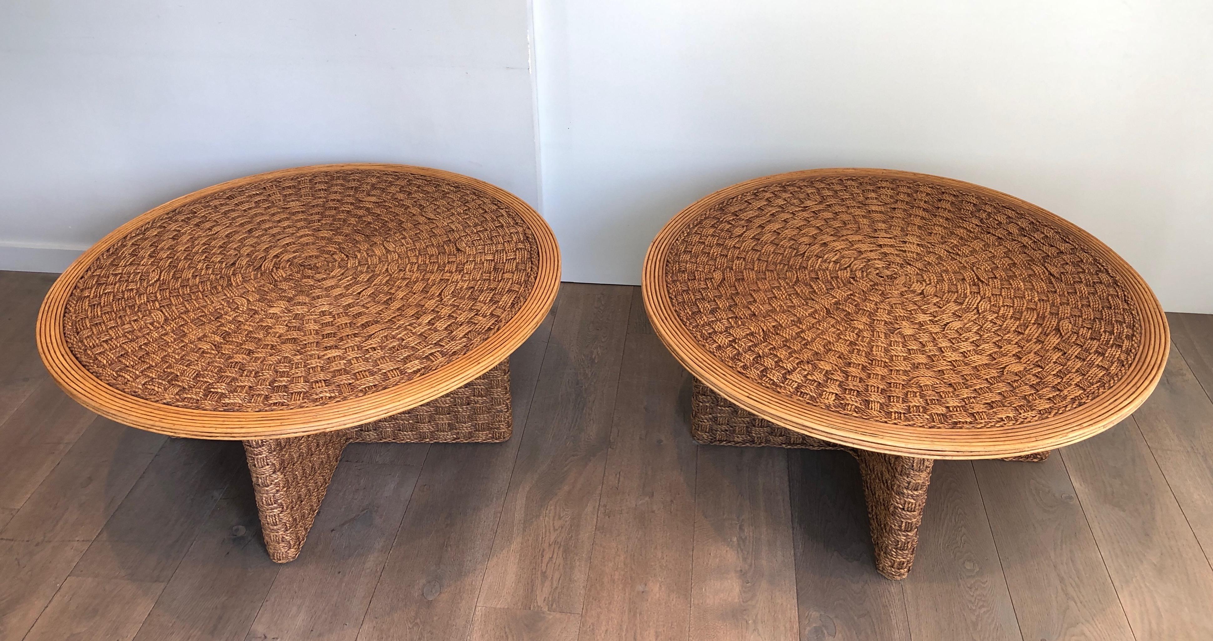 Rare Pair of Large Round Rope and Wood Coffee Table in the style of Audoux Minet For Sale 6