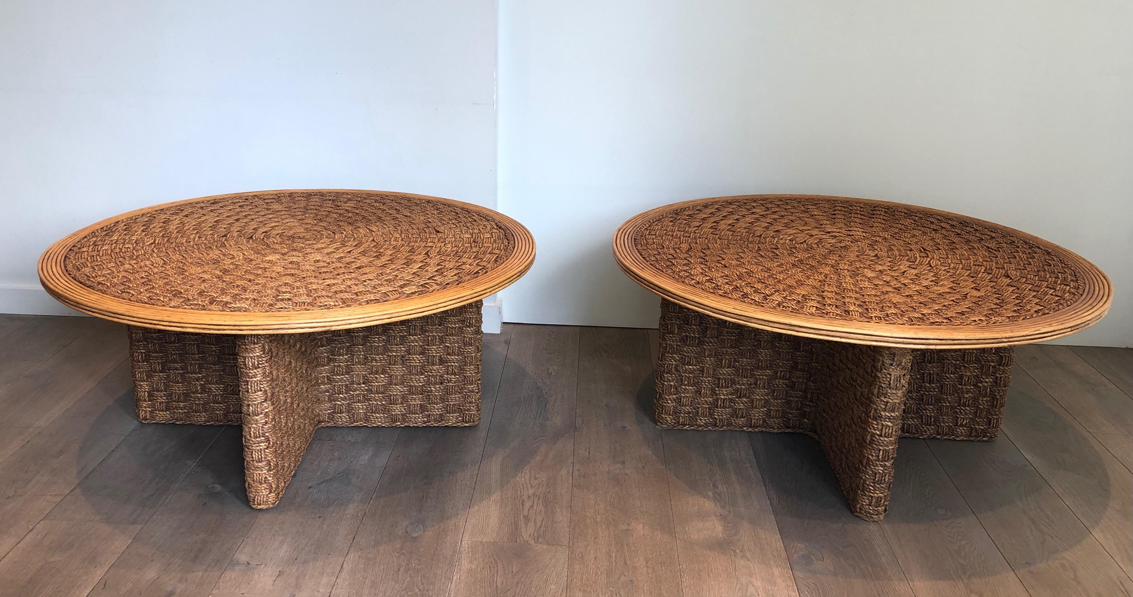 Rare Pair of Large Round Rope and Wood Coffee Table in the style of Audoux Minet For Sale 13