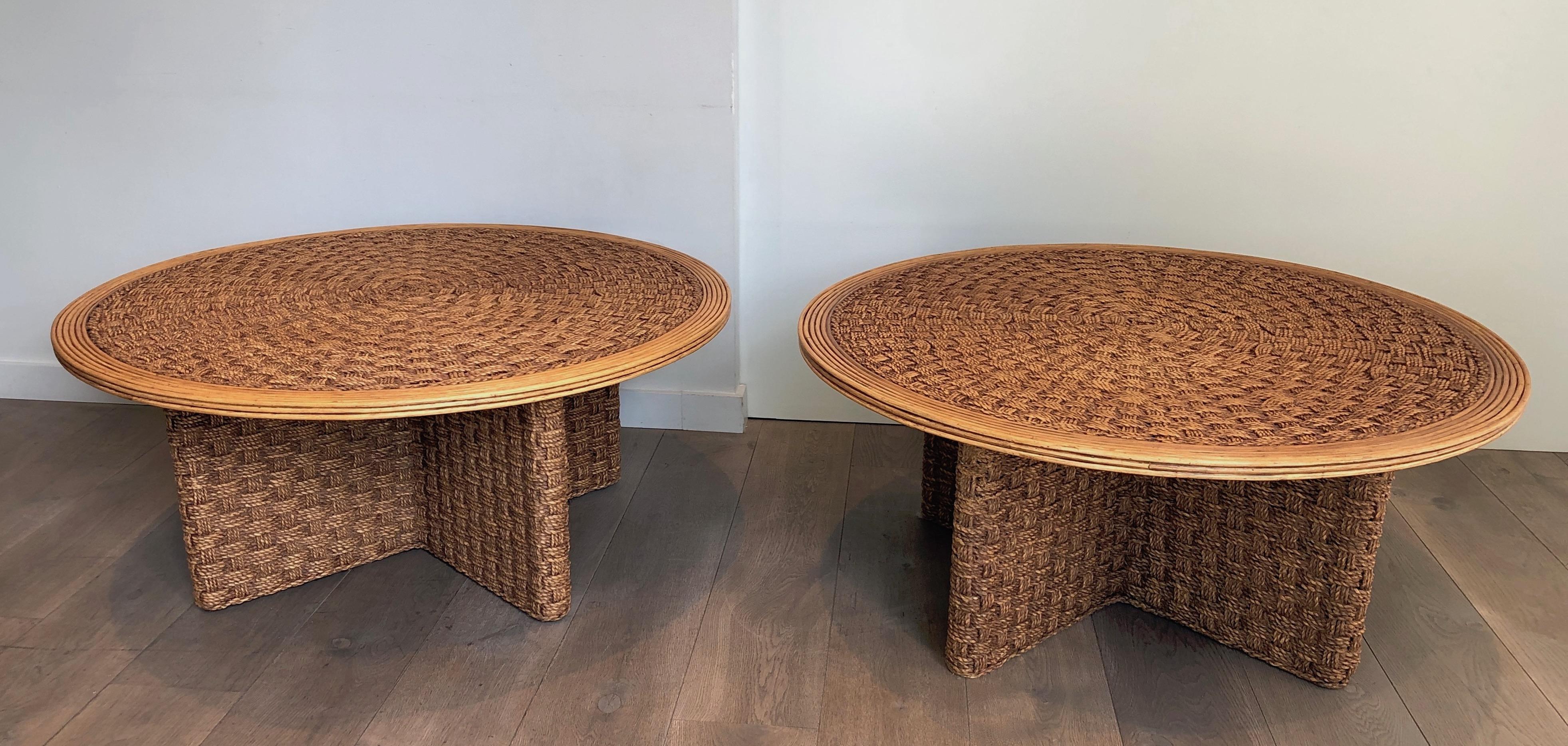 Rare Pair of Large Round Rope and Wood Coffee Table in the style of Audoux Minet For Sale 14