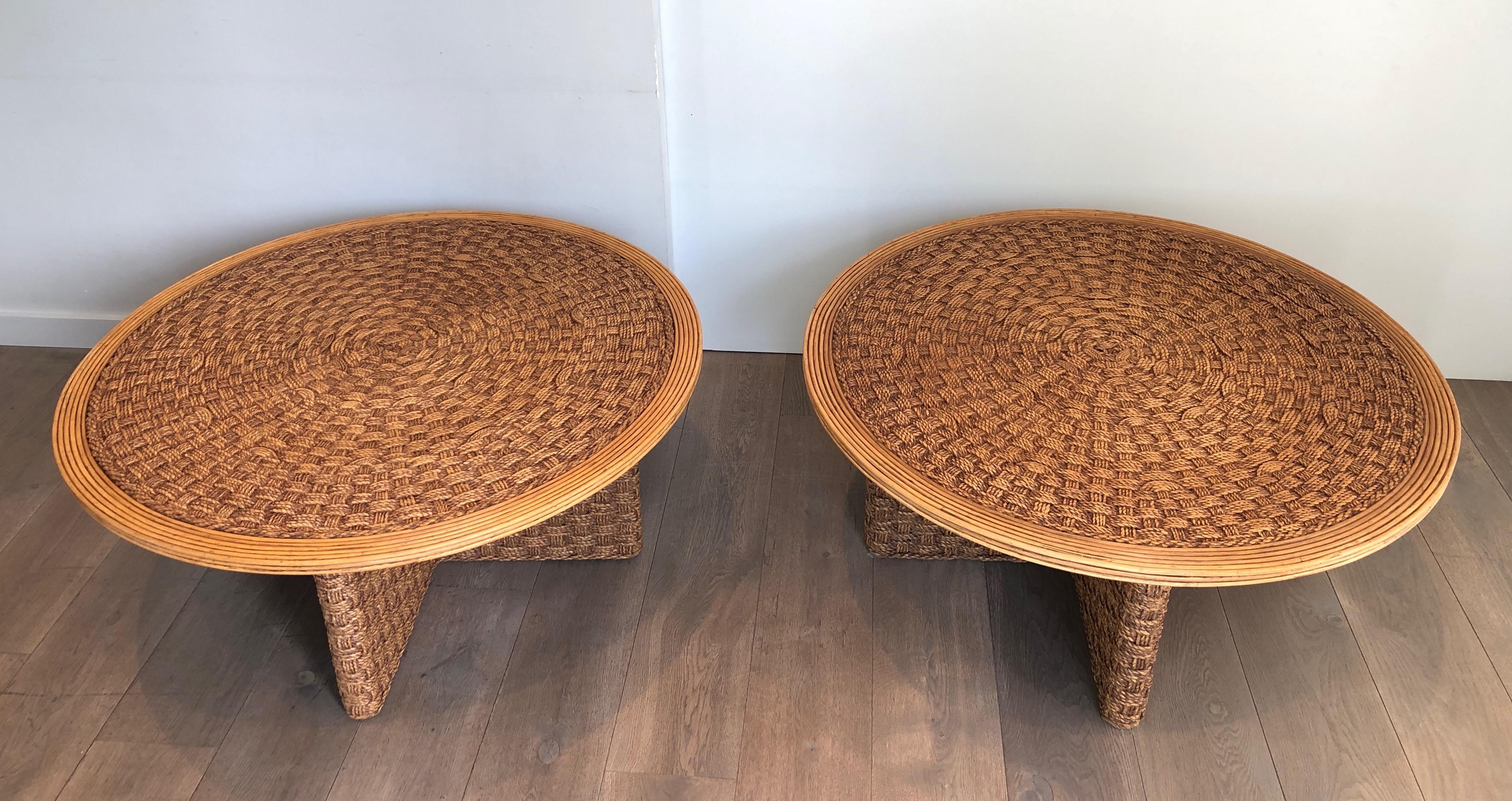 Mid-Century Modern Rare Pair of Large Round Rope and Wood Coffee Table in the style of Audoux Minet For Sale