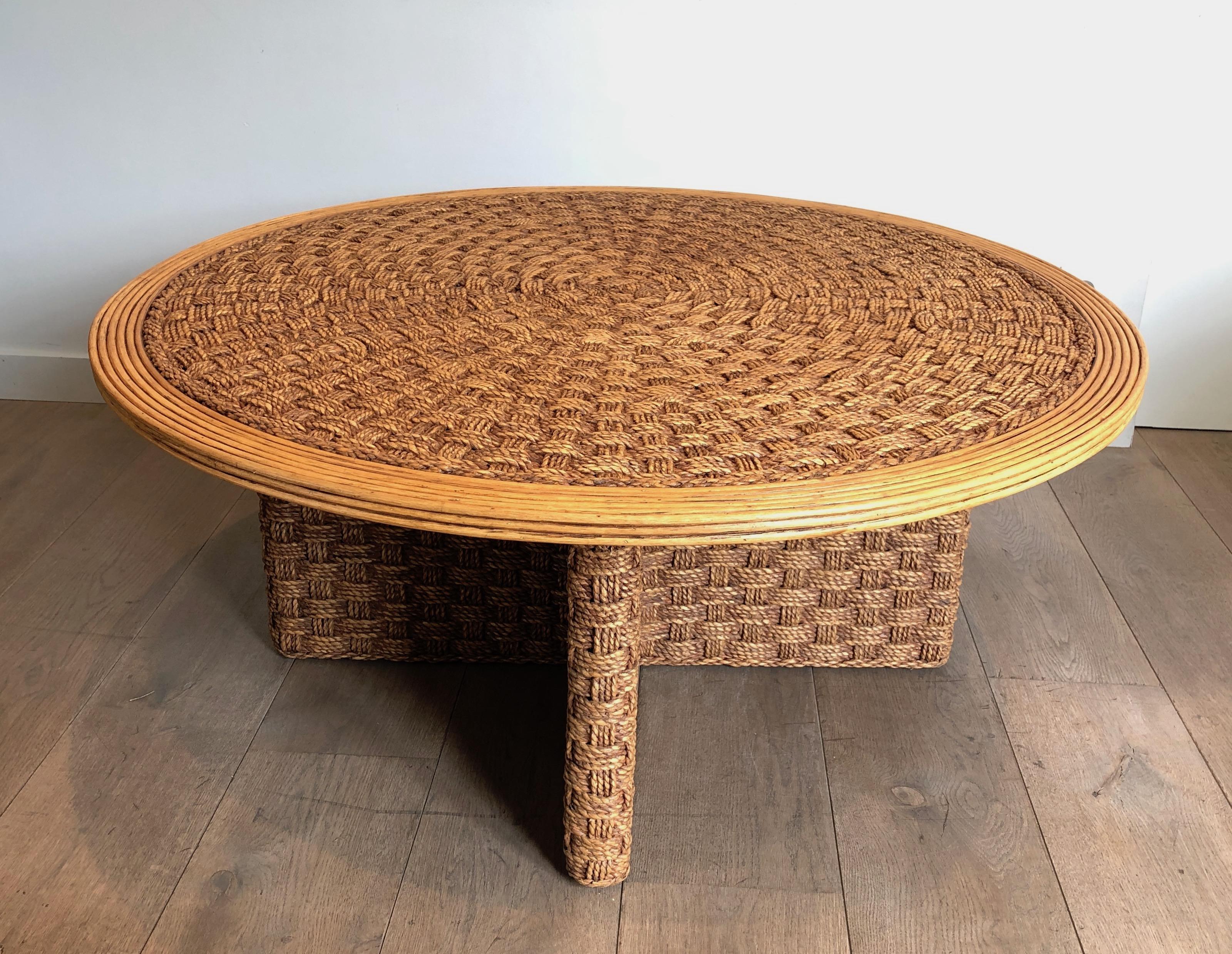 French Rare Pair of Large Round Rope and Wood Coffee Table in the style of Audoux Minet For Sale