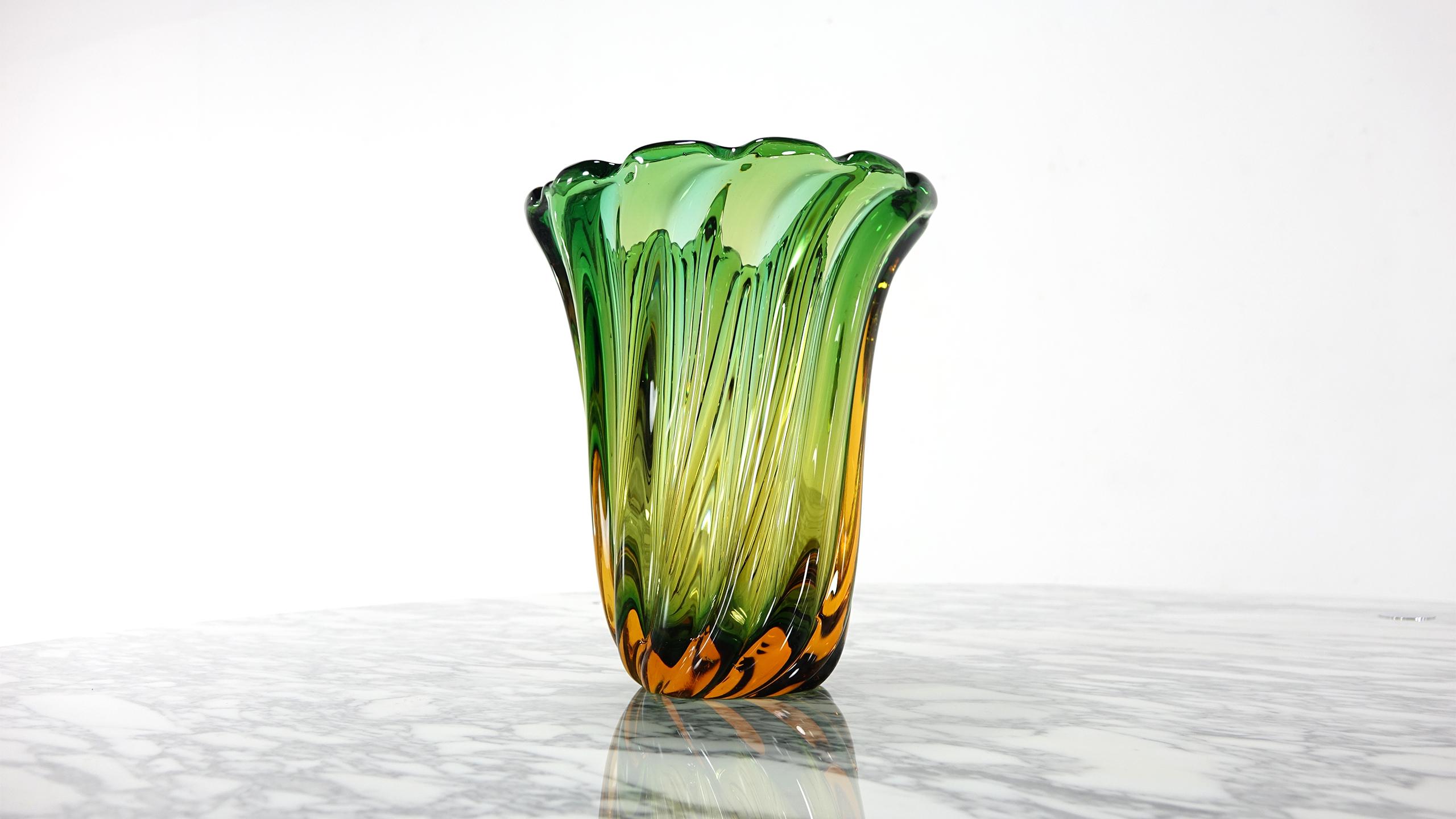 Rare Pair of Large Sized Green Murano Vases, Unique Colorful Masterpiece 3