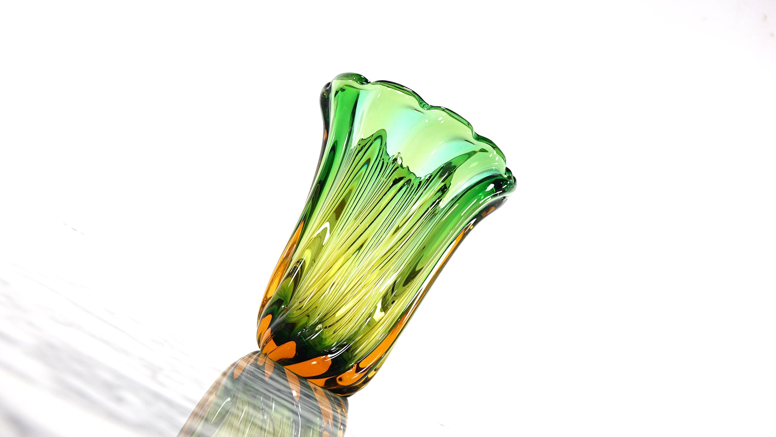 Mid-Century Modern Rare Pair of Large Sized Green Murano Vases, Unique Colorful Masterpiece