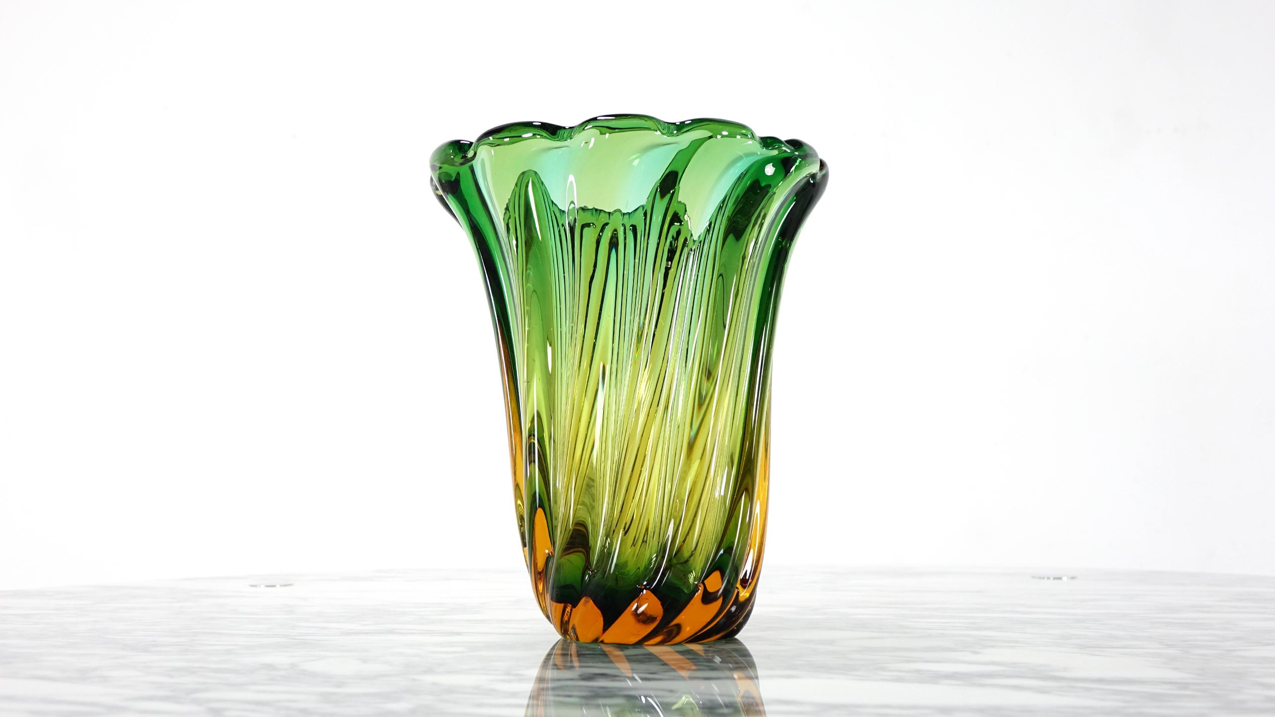 Murano Glass Rare Pair of Large Sized Green Murano Vases, Unique Colorful Masterpiece