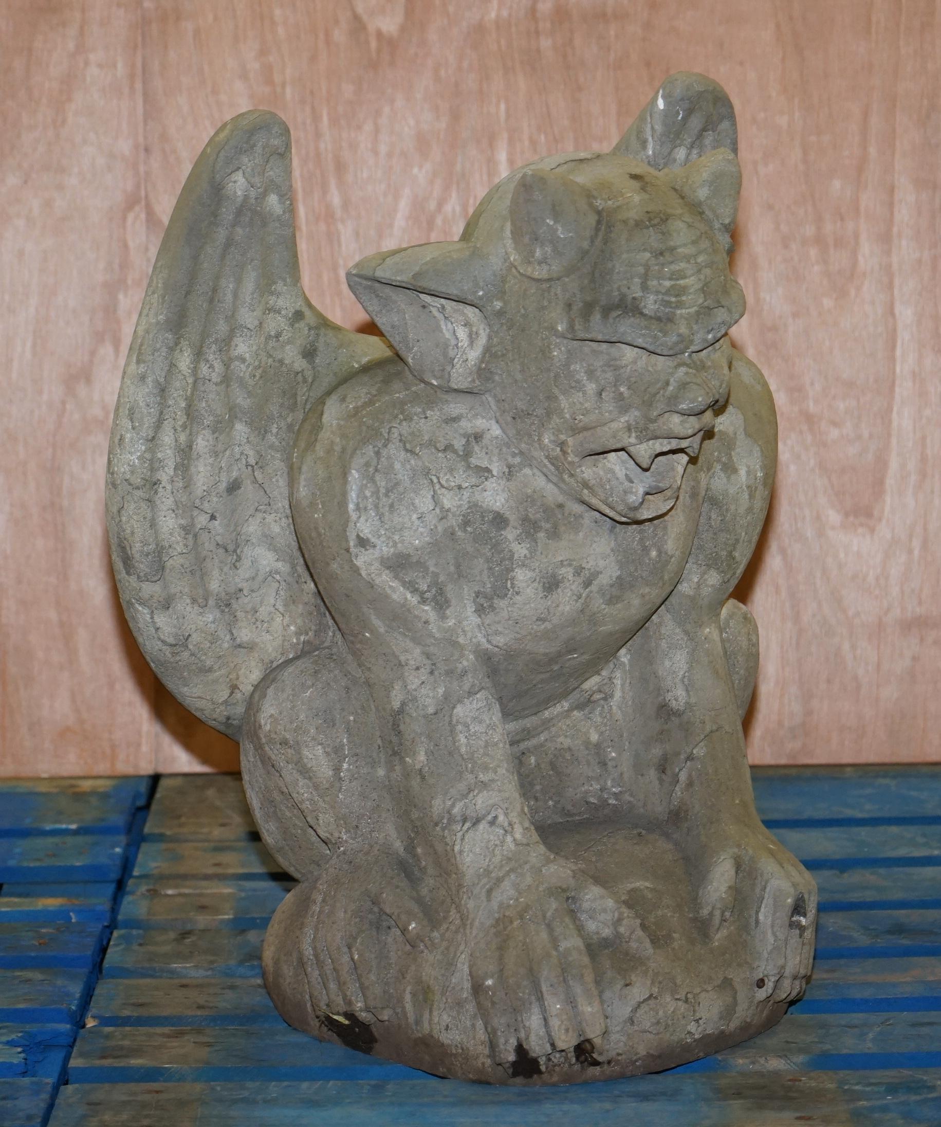 Rare Pair of Large Vintage Solid Carved Granite Rock Gargoyle Statues Gate Posts 2