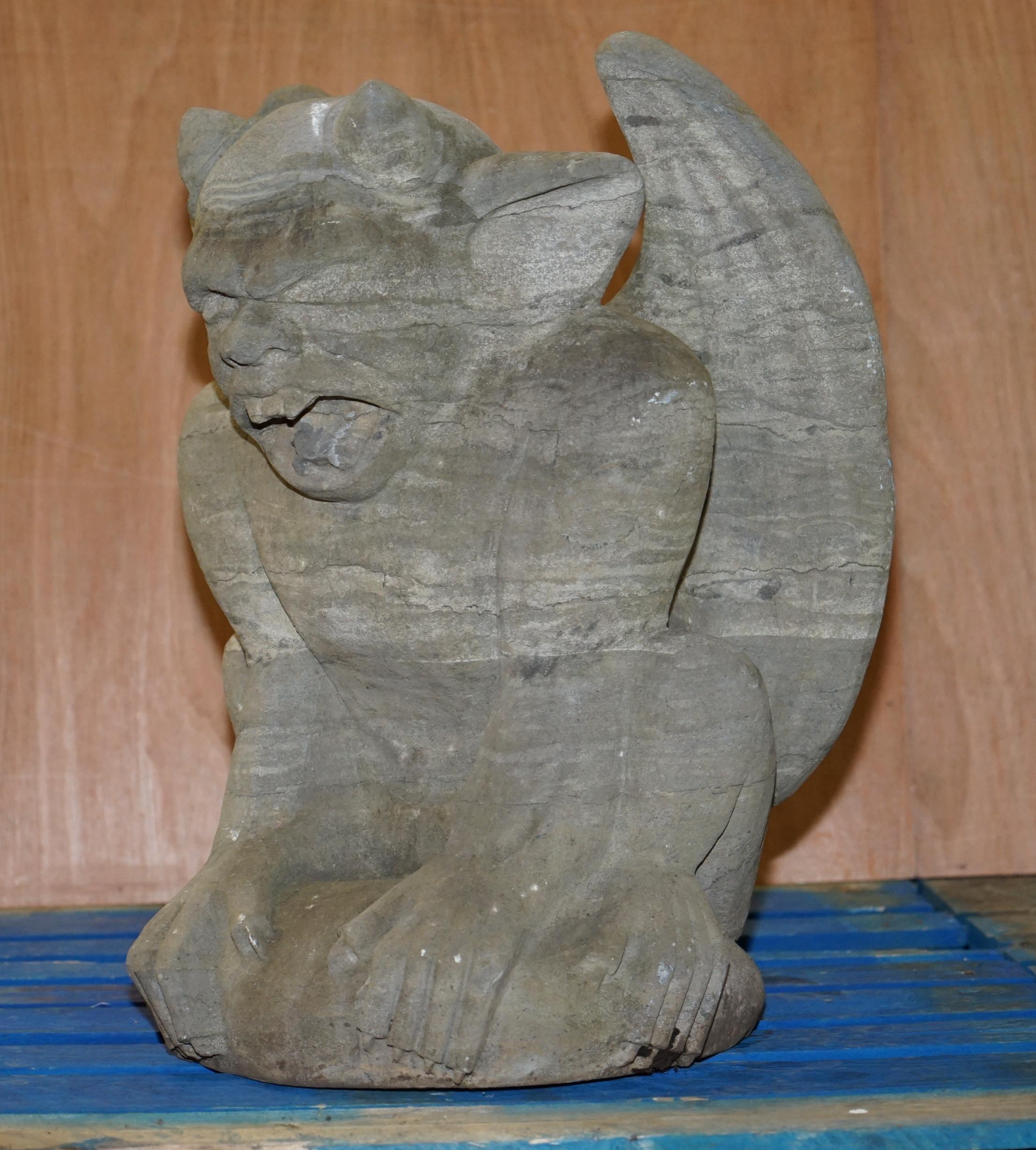 We are delighted to offer for sale this exquisite and insanely heavy pair of original vintage hand carved granite rock Gargoyle statues

These are the perfect size for sitting on top of pedestals, ideally at a gate post or driveway entrance, they