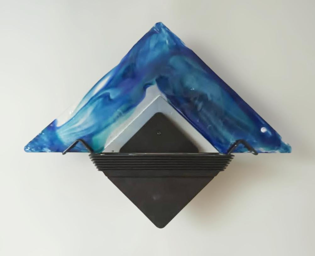 Rare unusual vintage Italian wall lights with large blue triangular hand blown Murano glass wings mounted on black triangular frames, designed by La Murrina / made in Italy circa 1970s
