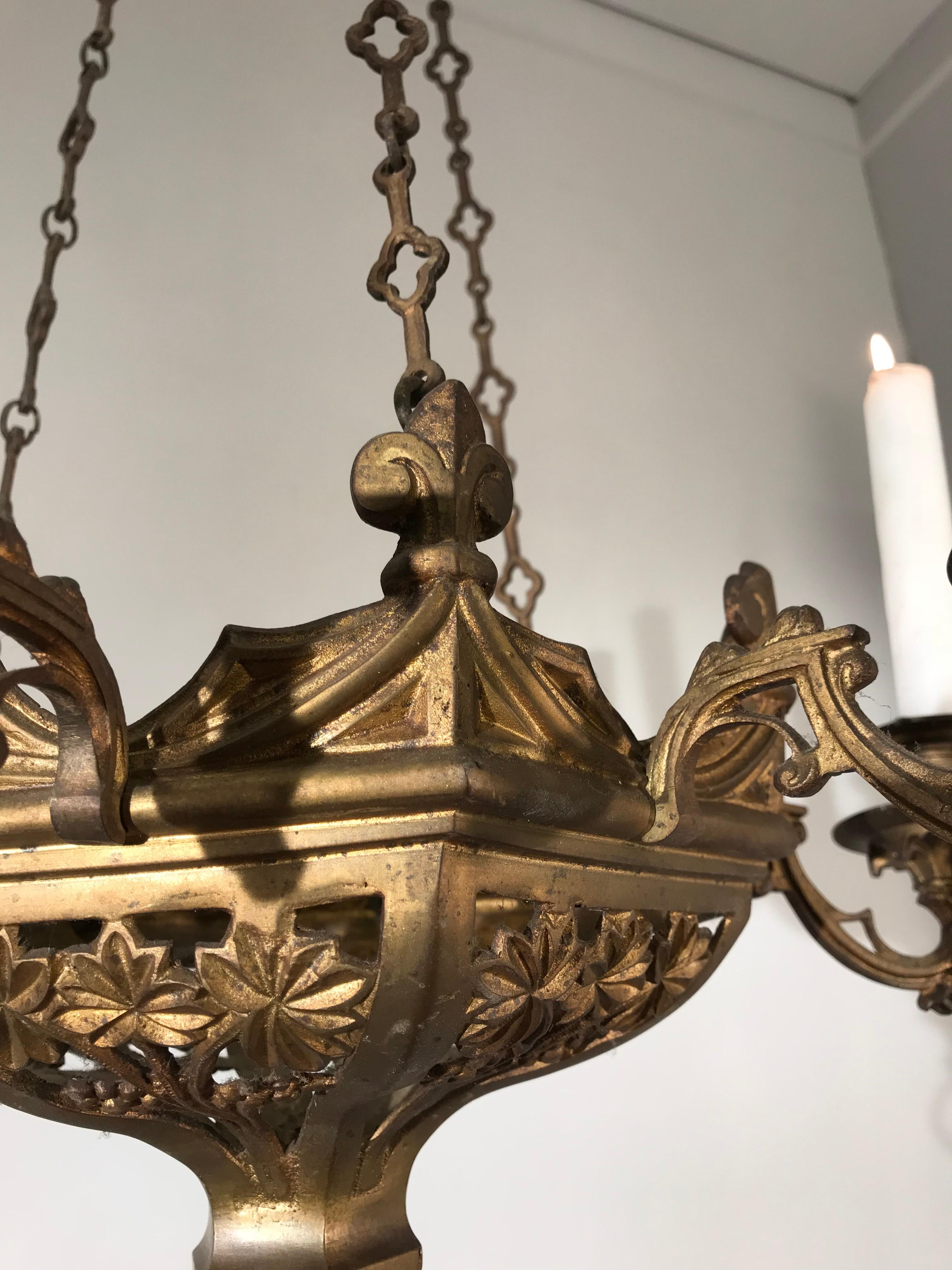 Rare Pair of Late 19th Century, Gilt and Gothic Revival Six Candle Chandeliers 5