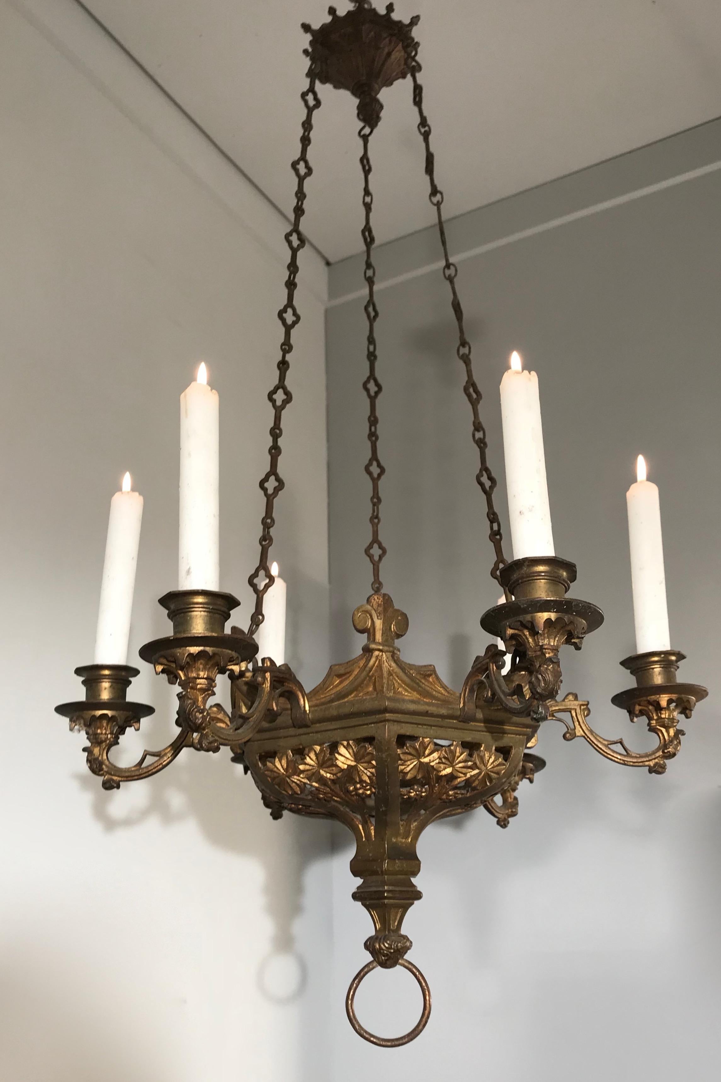Rare Pair of Late 19th Century, Gilt and Gothic Revival Six Candle Chandeliers 6