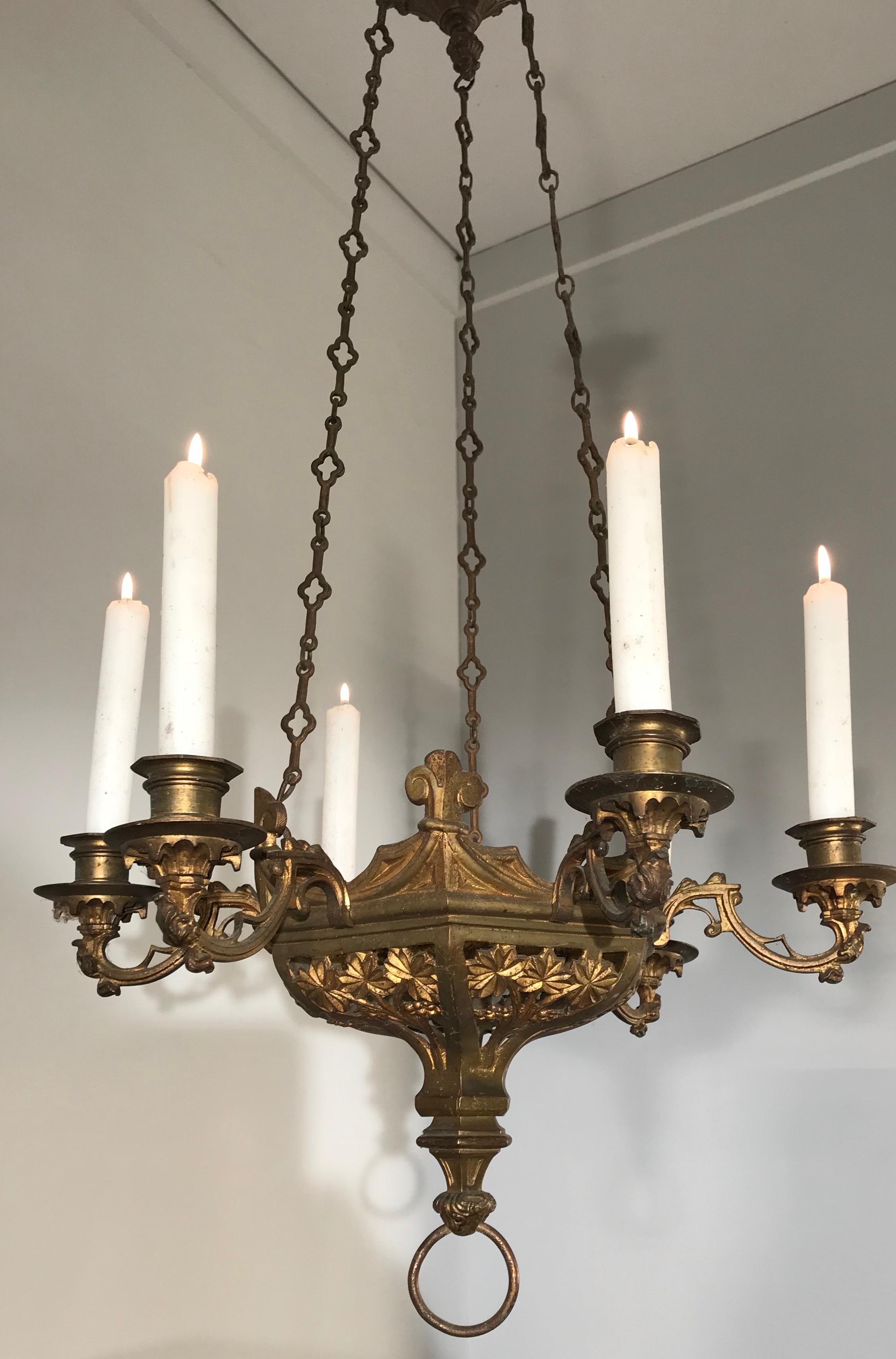 Rare Pair of Late 19th Century, Gilt and Gothic Revival Six Candle Chandeliers 7