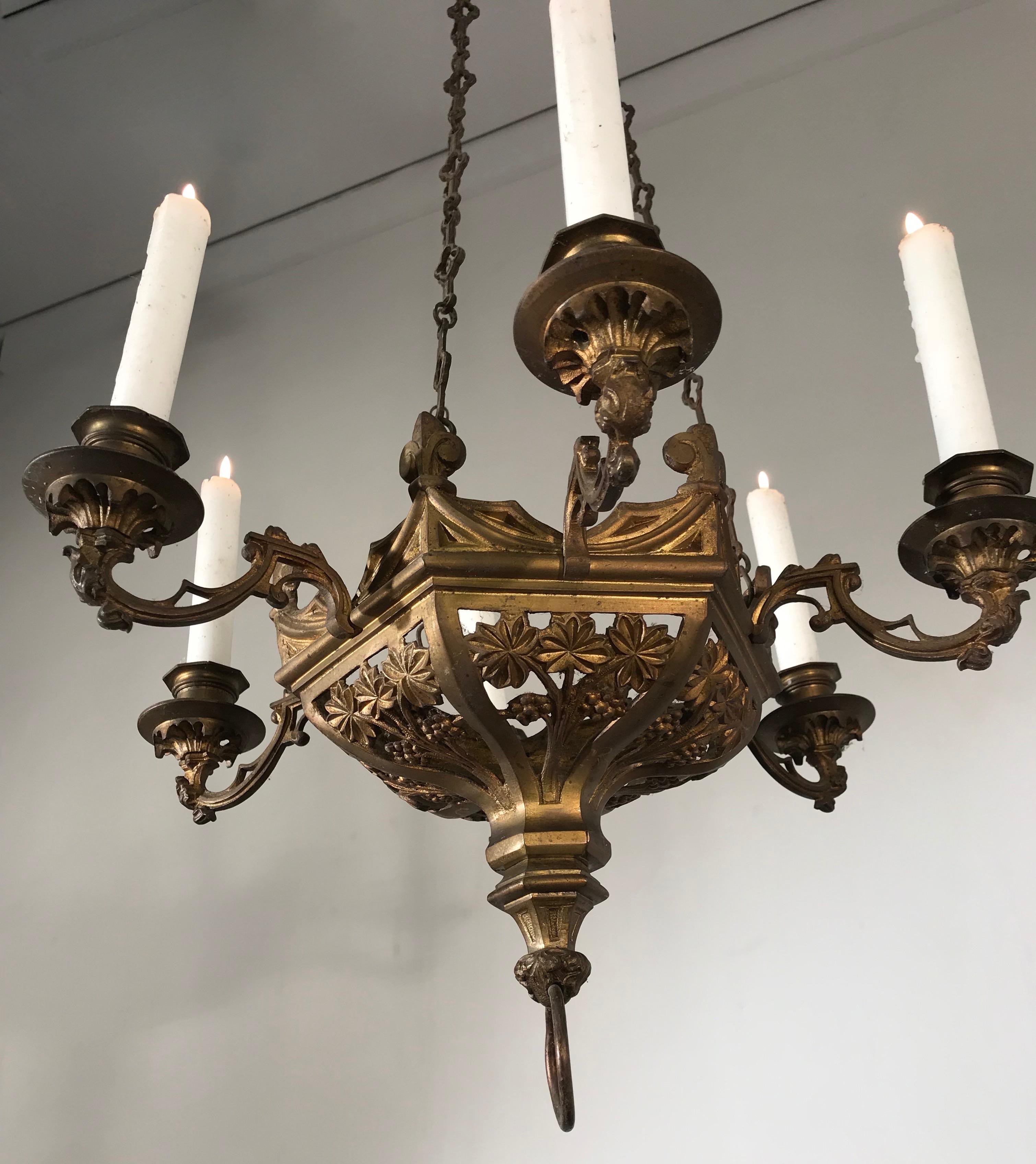 Rare Pair of Late 19th Century, Gilt and Gothic Revival Six Candle Chandeliers 8