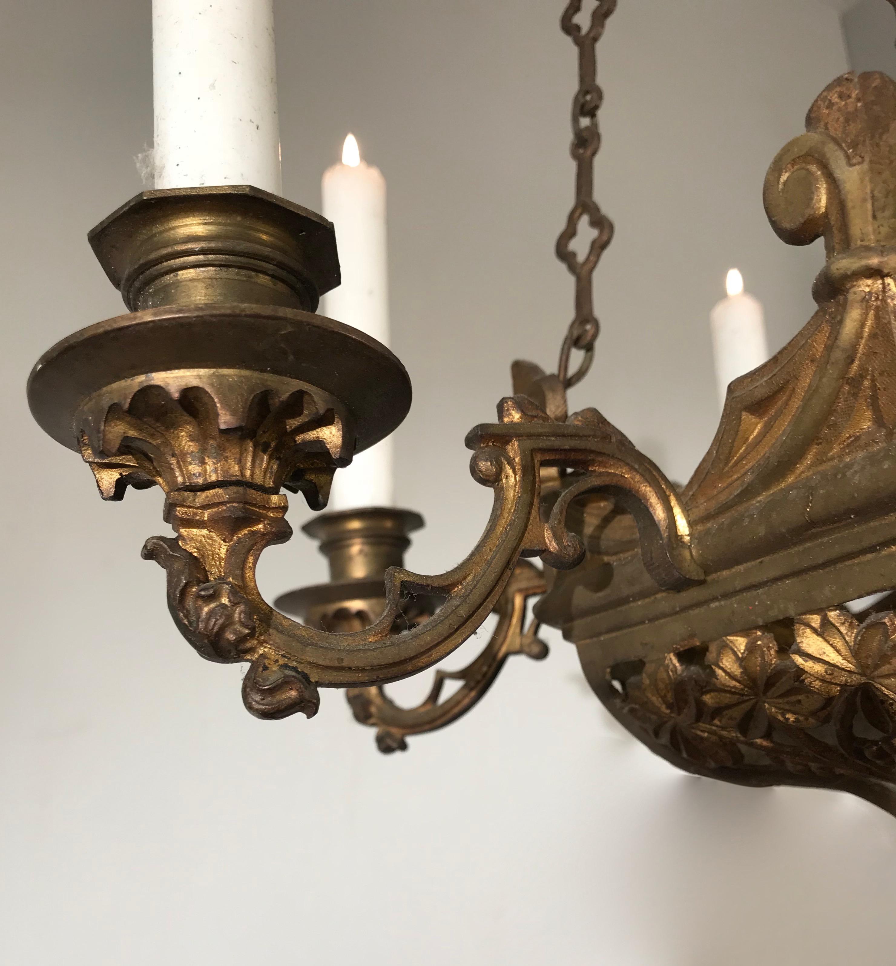 Rare Pair of Late 19th Century, Gilt and Gothic Revival Six Candle Chandeliers 12