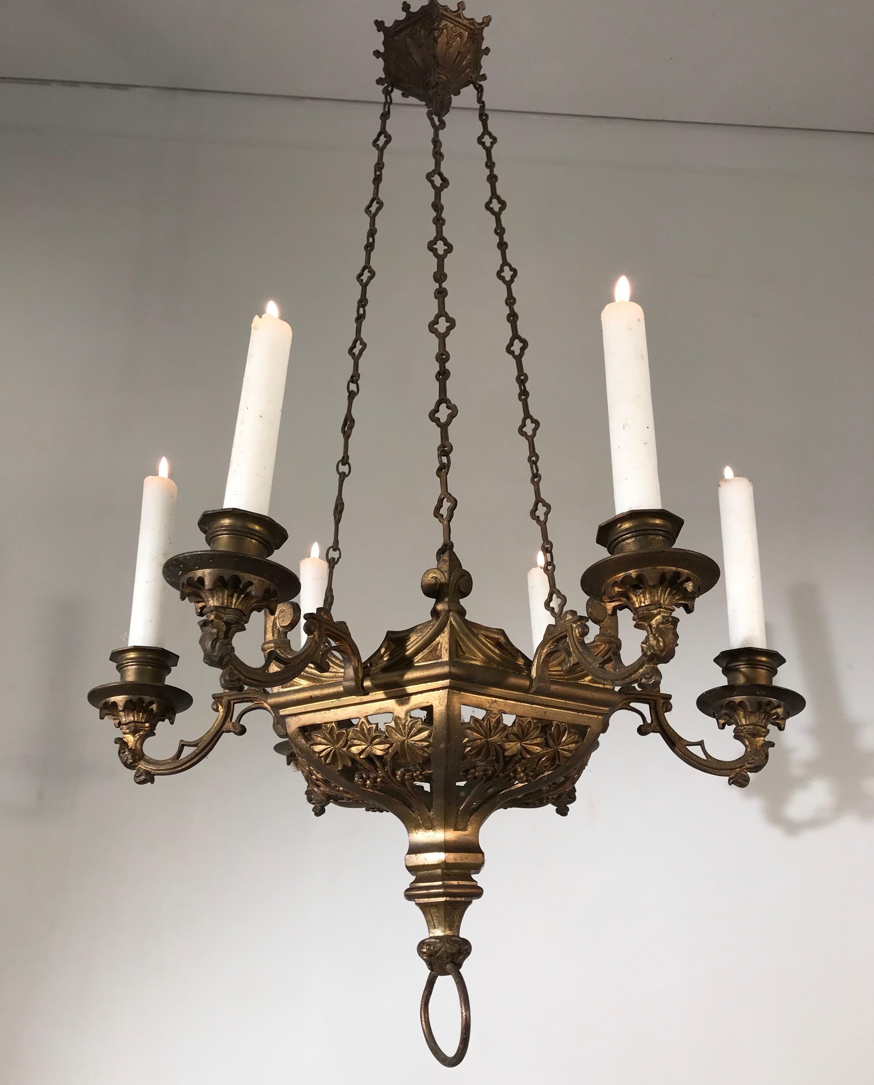 Rare Pair of Late 19th Century, Gilt and Gothic Revival Six Candle Chandeliers 13