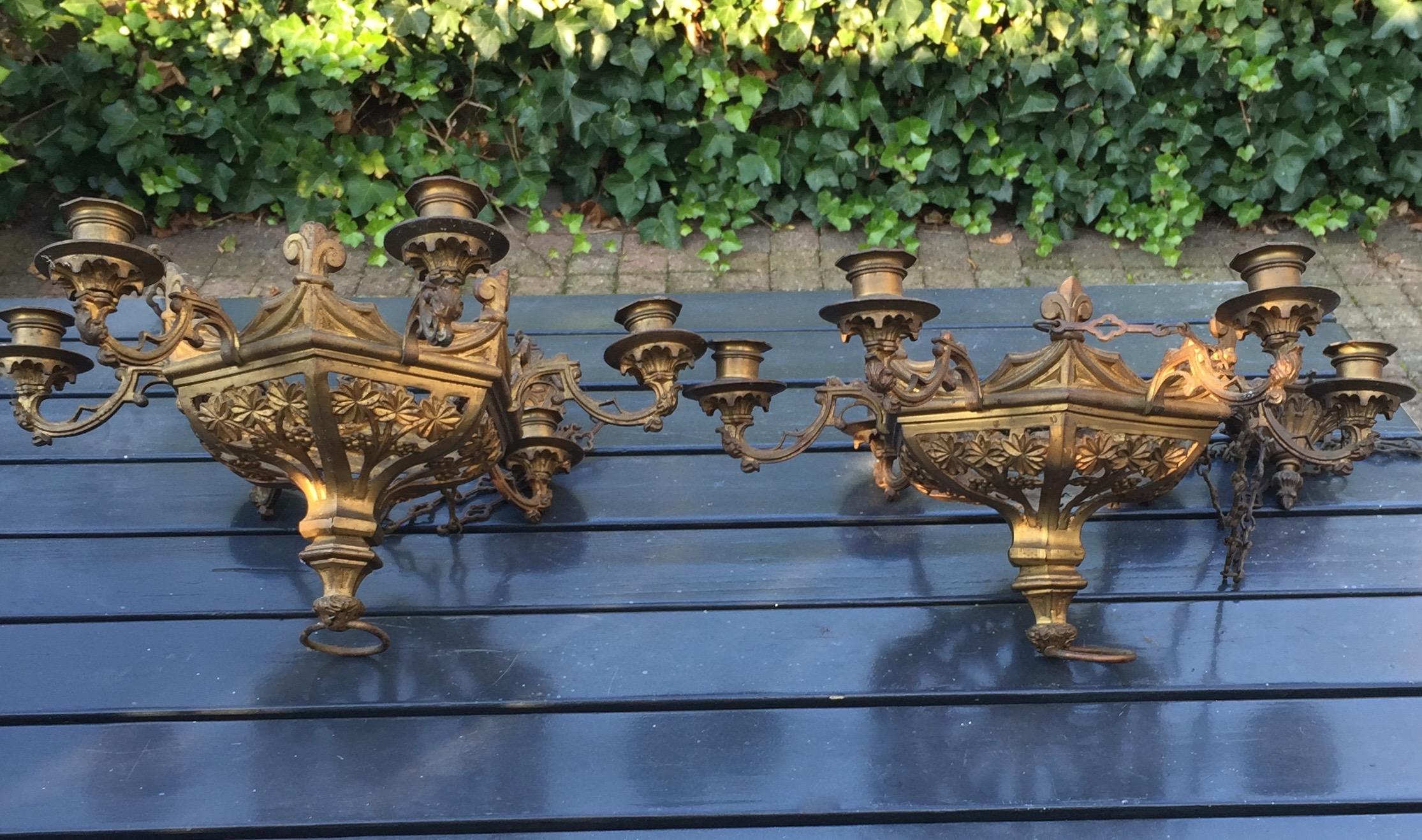 French Rare Pair of Late 19th Century, Gilt and Gothic Revival Six Candle Chandeliers