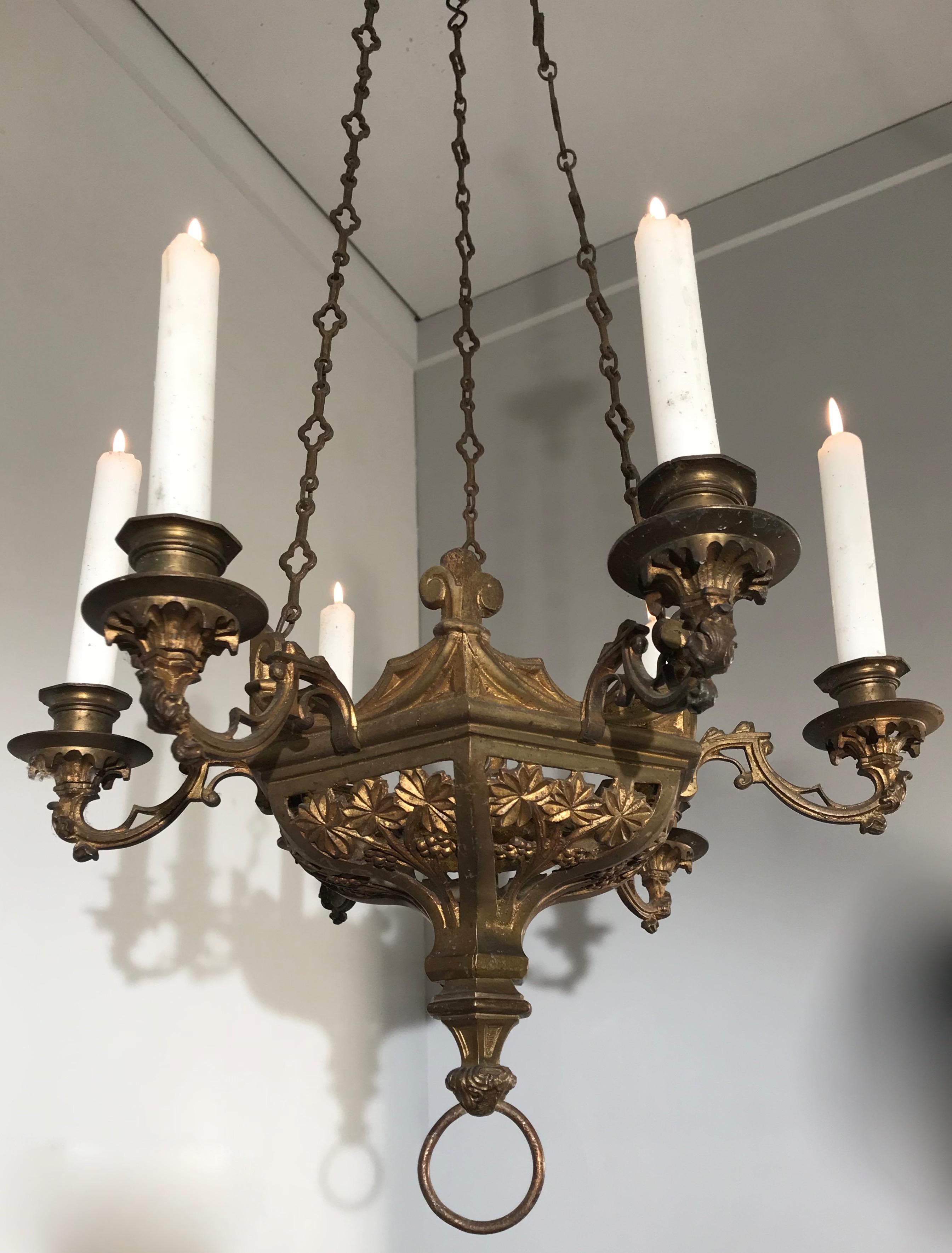 Rare Pair of Late 19th Century, Gilt and Gothic Revival Six Candle Chandeliers In Excellent Condition In Lisse, NL