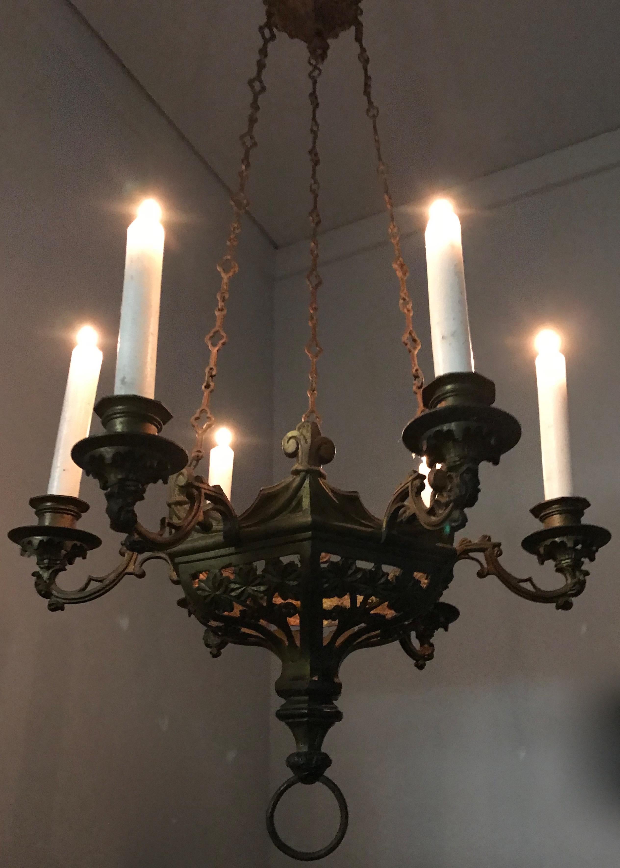 Rare Pair of Late 19th Century, Gilt and Gothic Revival Six Candle Chandeliers 3